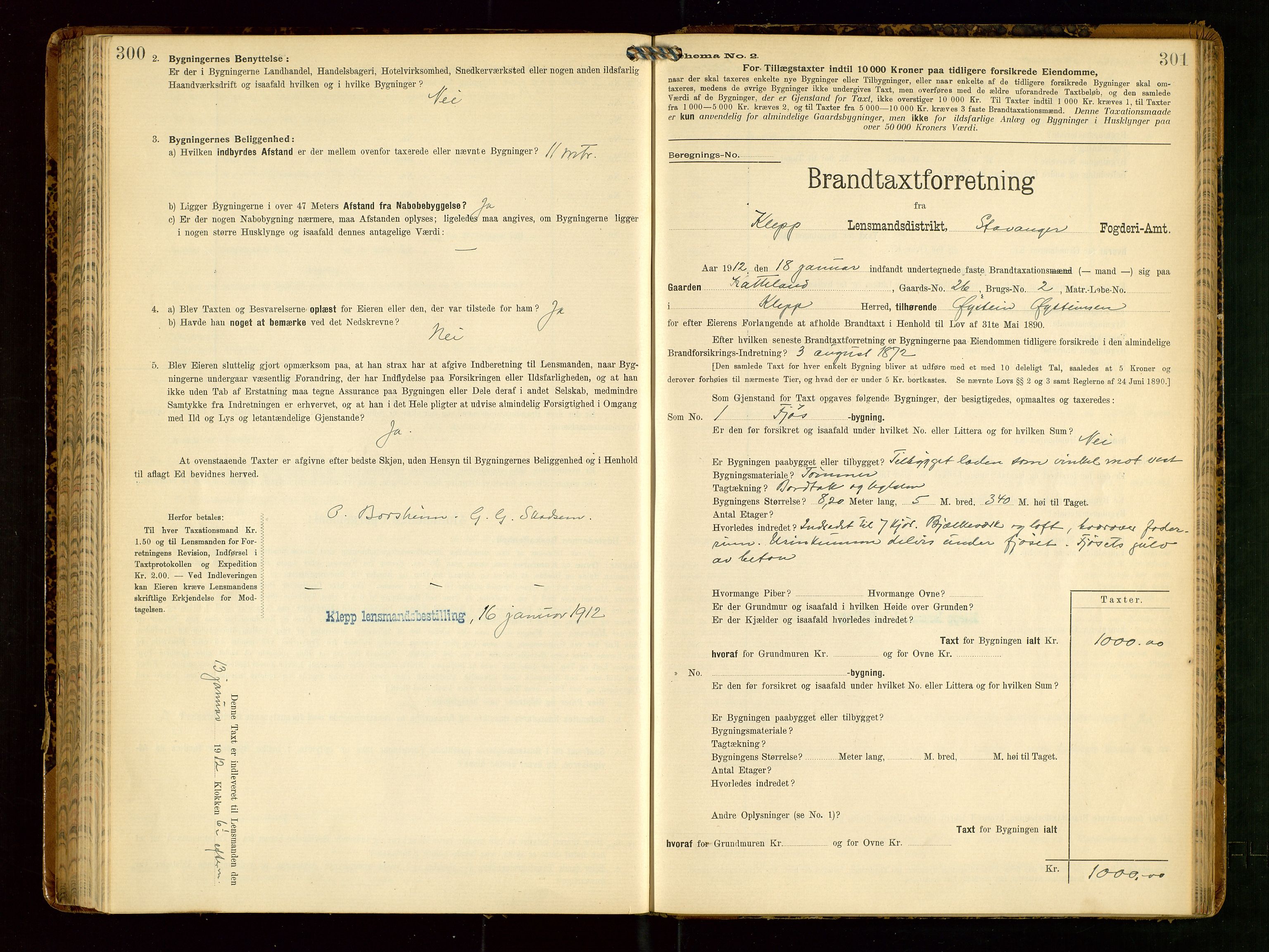 Klepp lensmannskontor, AV/SAST-A-100163/Goc/L0006: "Brandtaxationsprotokol" m/register, 1908-1912, p. 300-301