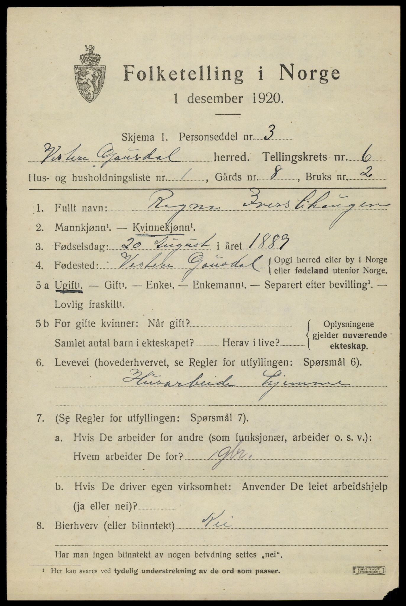 SAH, 1920 census for Vestre Gausdal, 1920, p. 4393