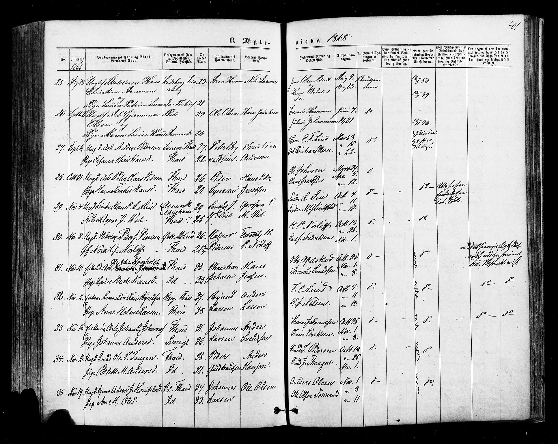 Halden prestekontor Kirkebøker, SAO/A-10909/F/Fa/L0009: Parish register (official) no. I 9, 1866-1877, p. 401