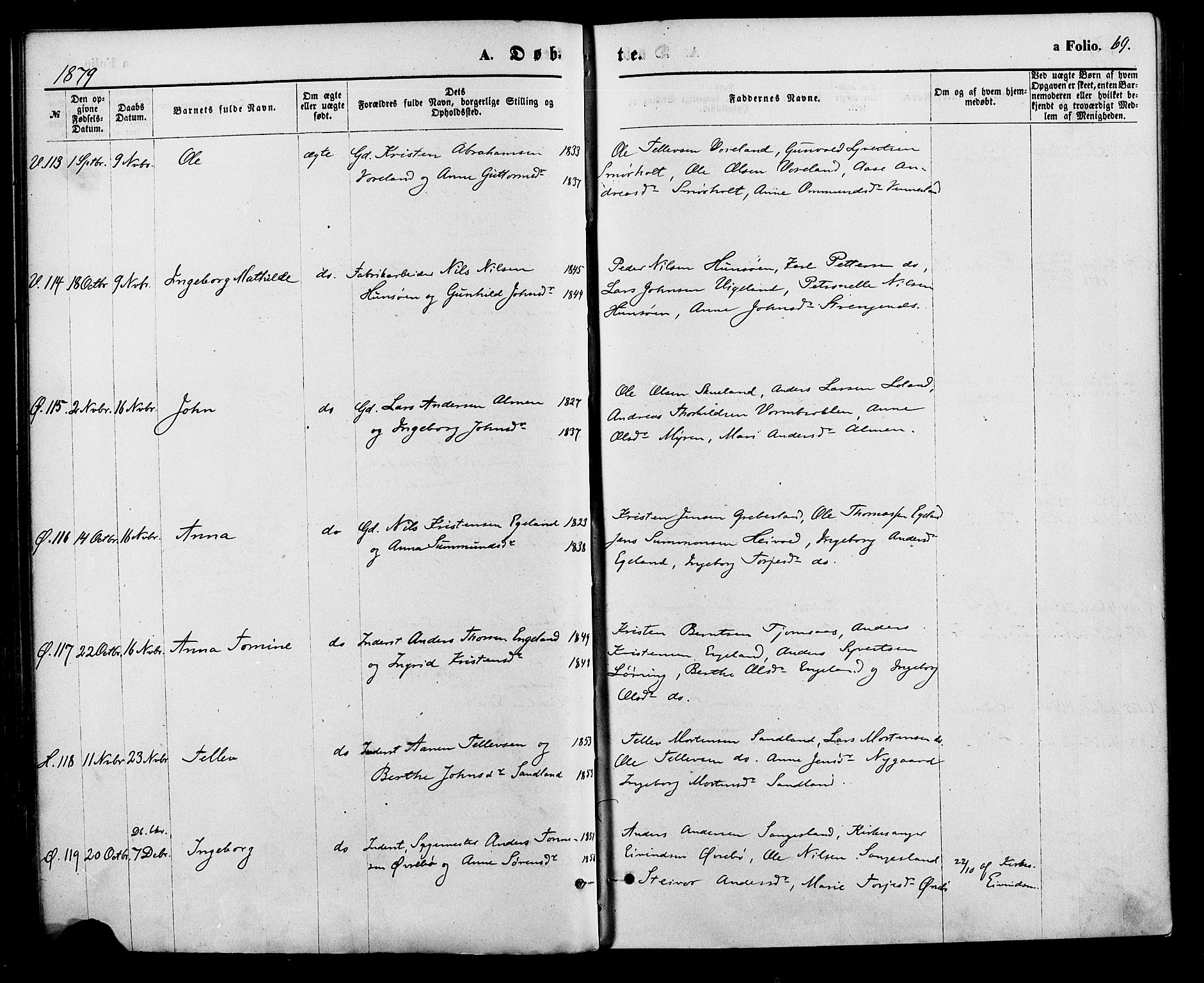 Vennesla sokneprestkontor, AV/SAK-1111-0045/Fa/Fac/L0008: Parish register (official) no. A 8, 1874-1883, p. 69