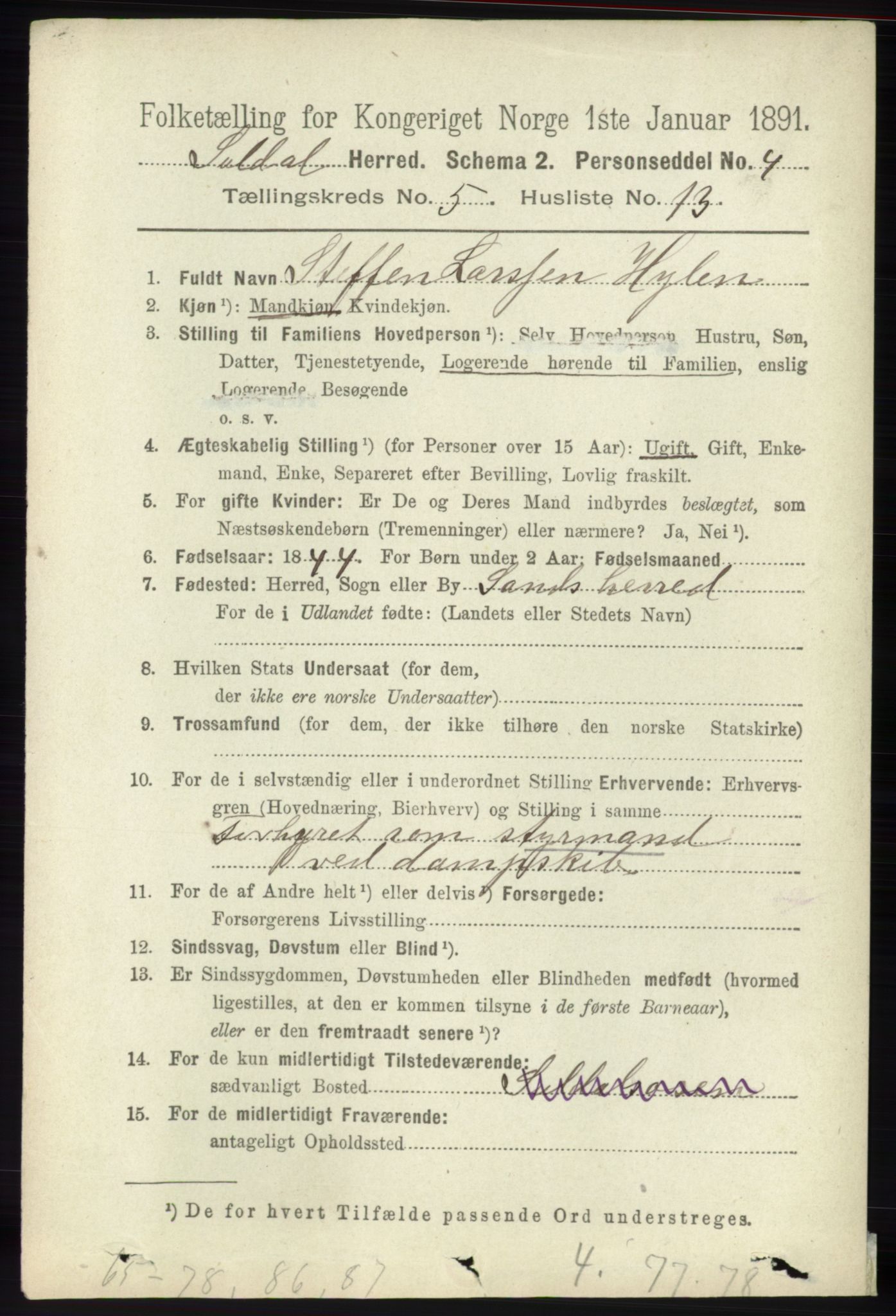 RA, 1891 census for 1134 Suldal, 1891, p. 1531