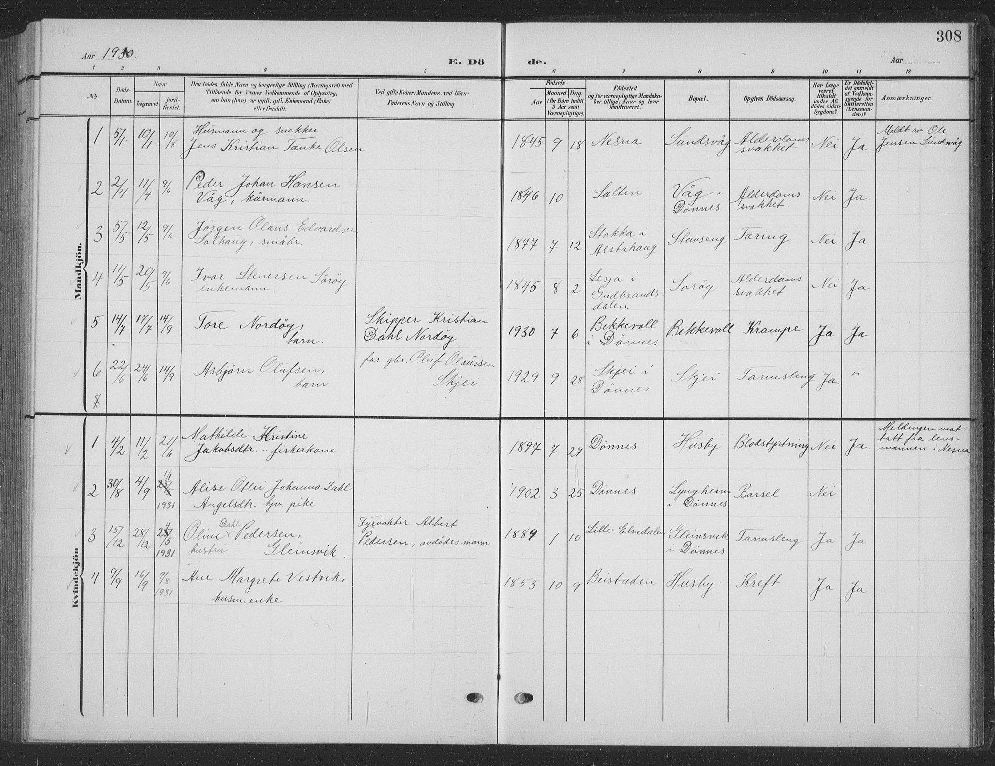 Ministerialprotokoller, klokkerbøker og fødselsregistre - Nordland, SAT/A-1459/835/L0533: Parish register (copy) no. 835C05, 1906-1939, p. 308