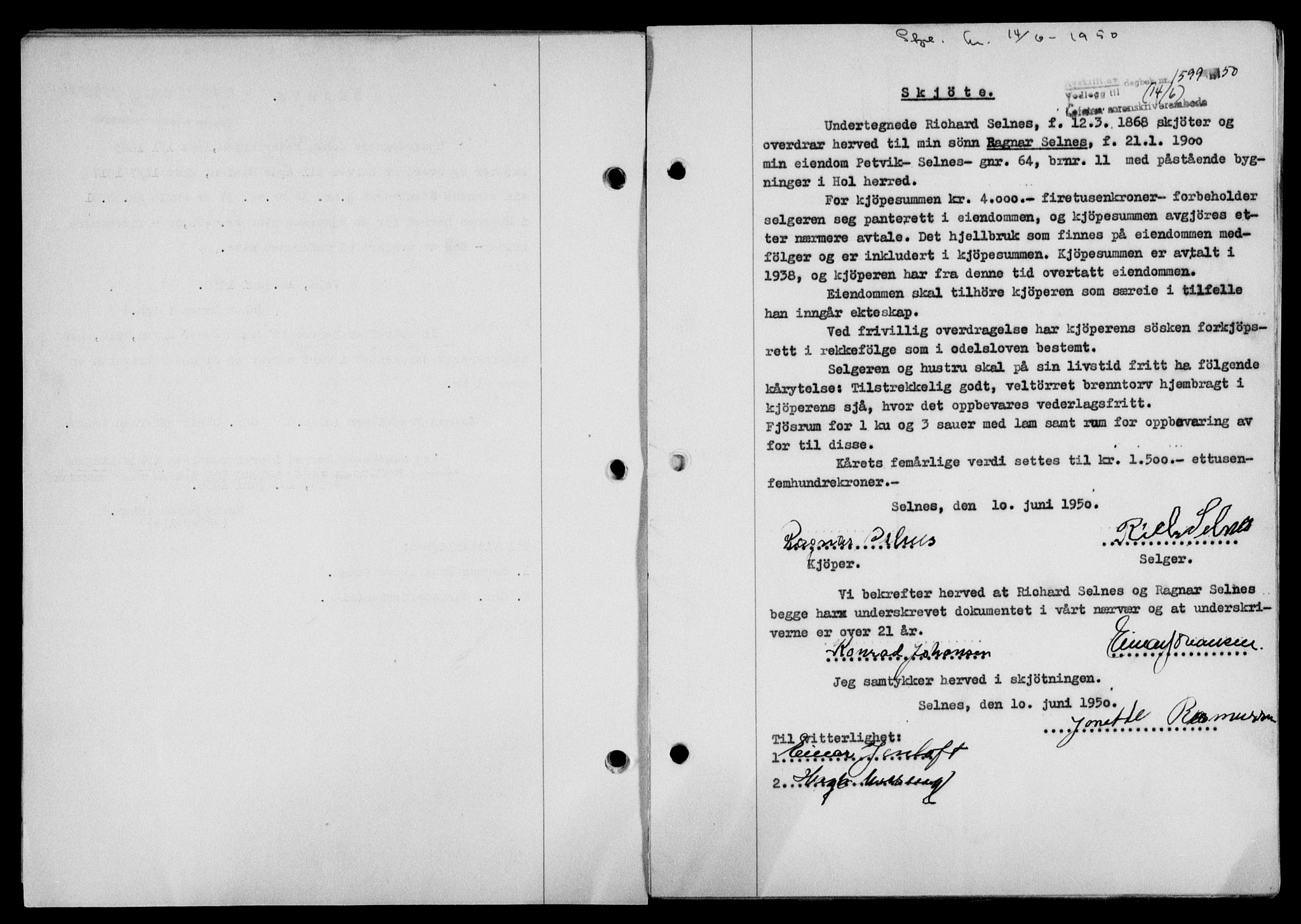 Lofoten sorenskriveri, SAT/A-0017/1/2/2C/L0023a: Mortgage book no. 23a, 1950-1950, Diary no: : 1599/1950