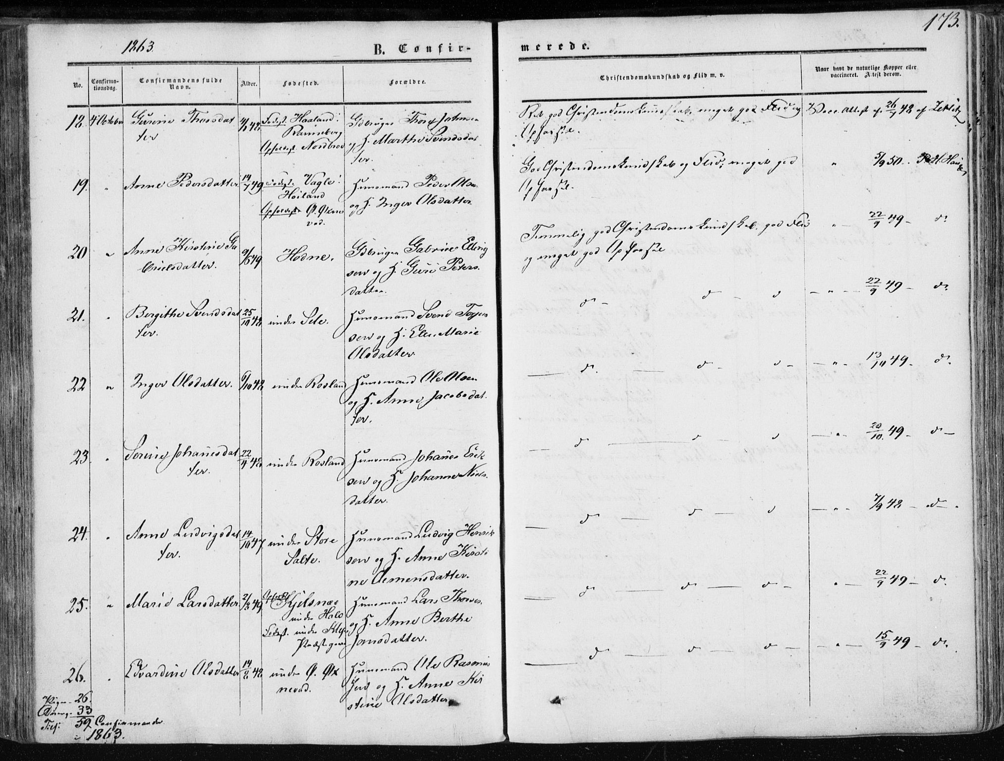 Klepp sokneprestkontor, AV/SAST-A-101803/001/3/30BA/L0005: Parish register (official) no. A 5, 1853-1870, p. 173