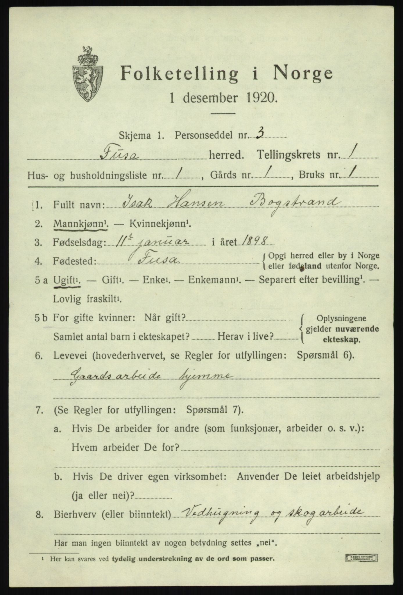 SAB, 1920 census for Fusa, 1920, p. 447