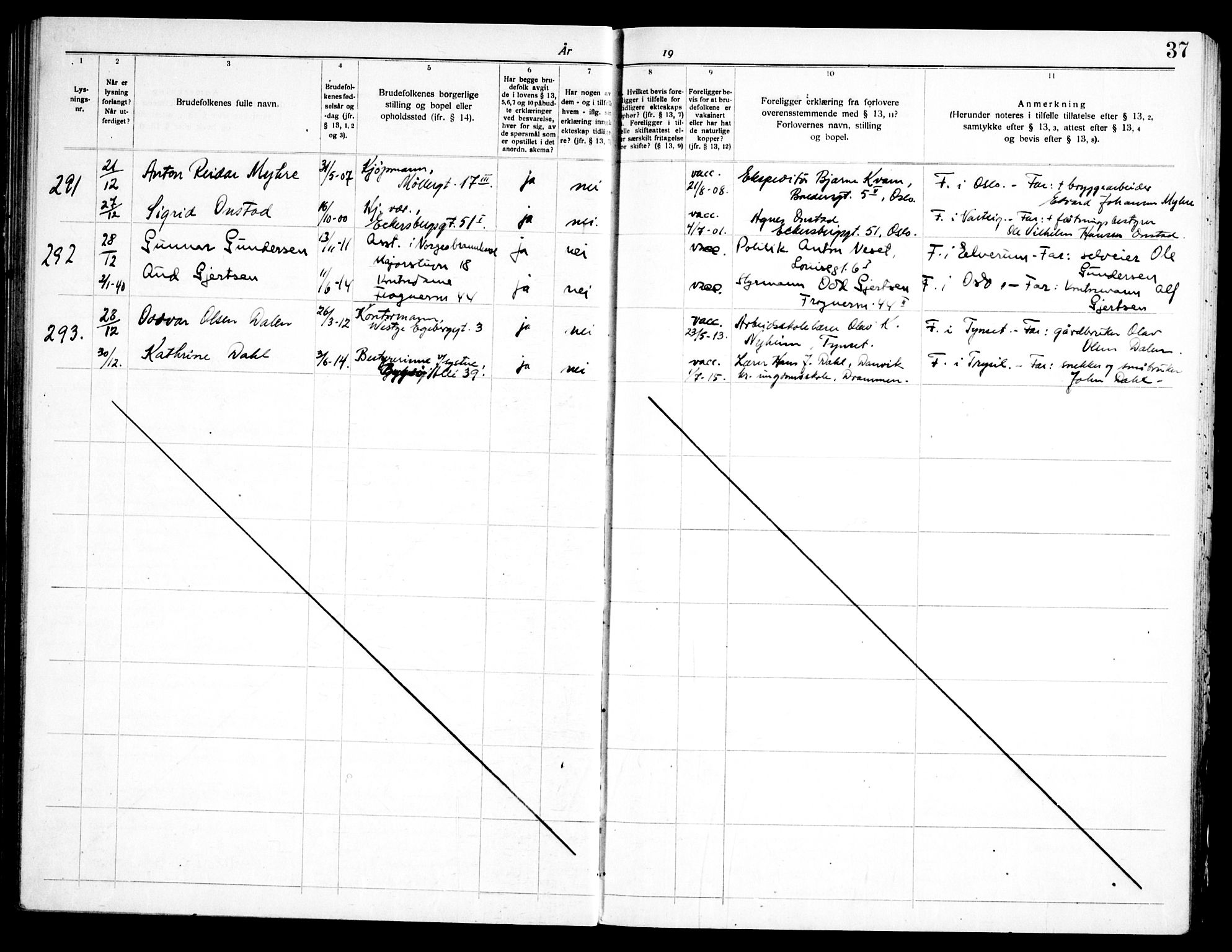 Frogner prestekontor Kirkebøker, AV/SAO-A-10886/H/Ha/L0009: Banns register no. 9, 1938-1945, p. 37