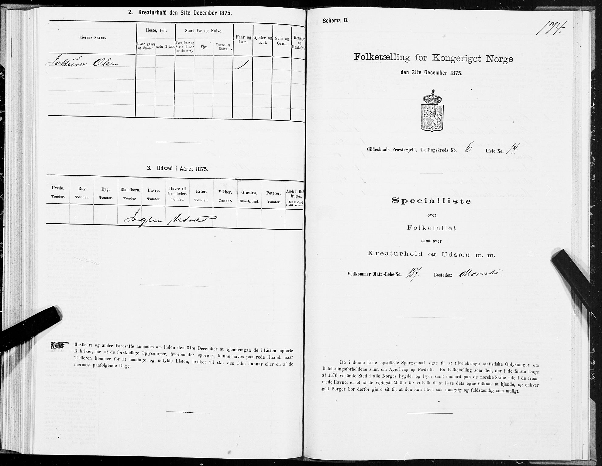 SAT, 1875 census for 1838P Gildeskål, 1875, p. 3174