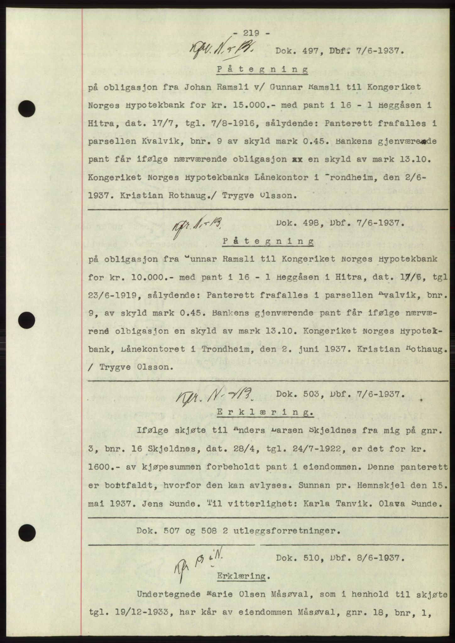 Hitra sorenskriveri, AV/SAT-A-0018/2/2C/2Ca: Mortgage book no. C1, 1936-1945, Diary no: : 497/1937