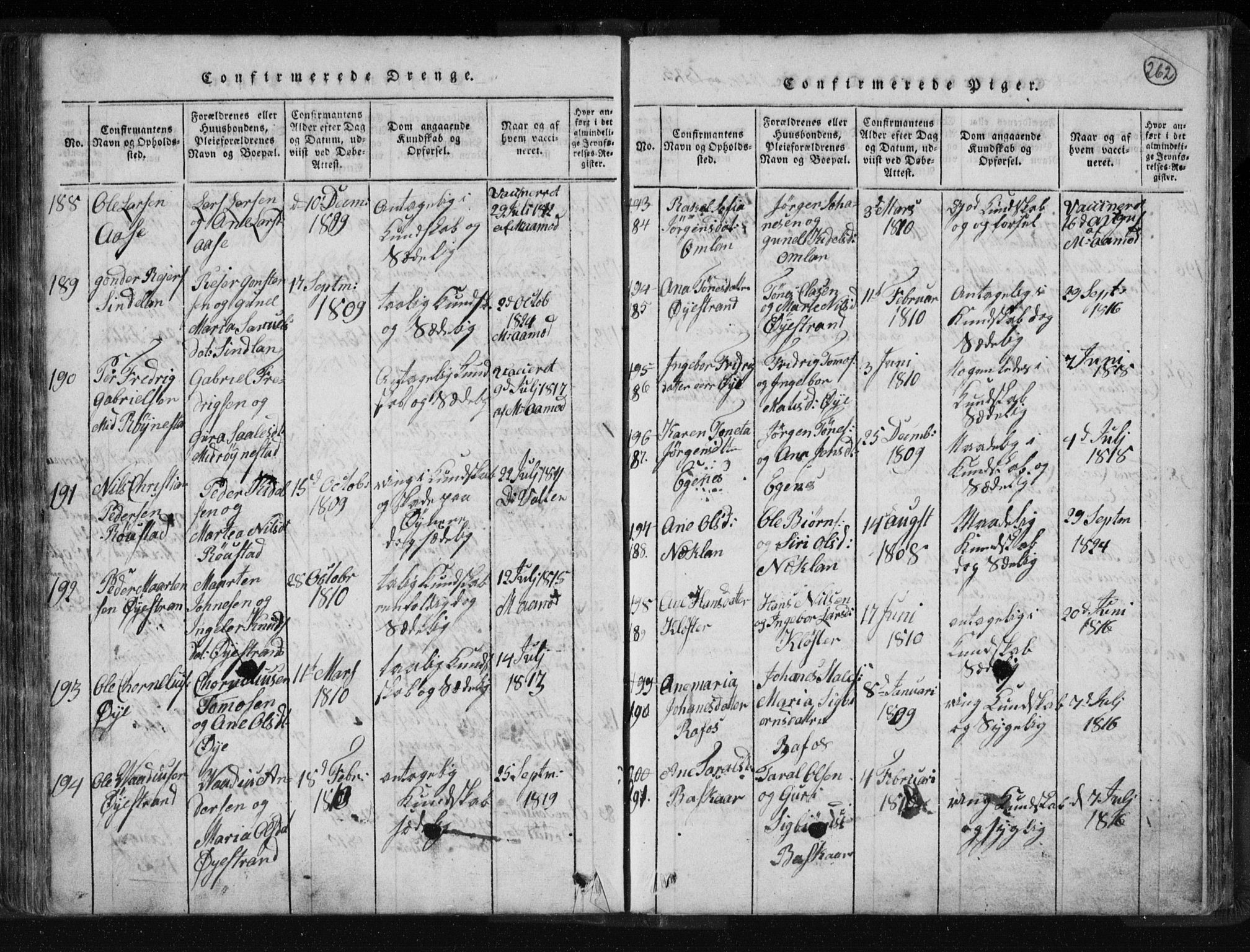 Kvinesdal sokneprestkontor, AV/SAK-1111-0026/F/Fa/Fab/L0003: Parish register (official) no. A 3, 1815-1829, p. 262