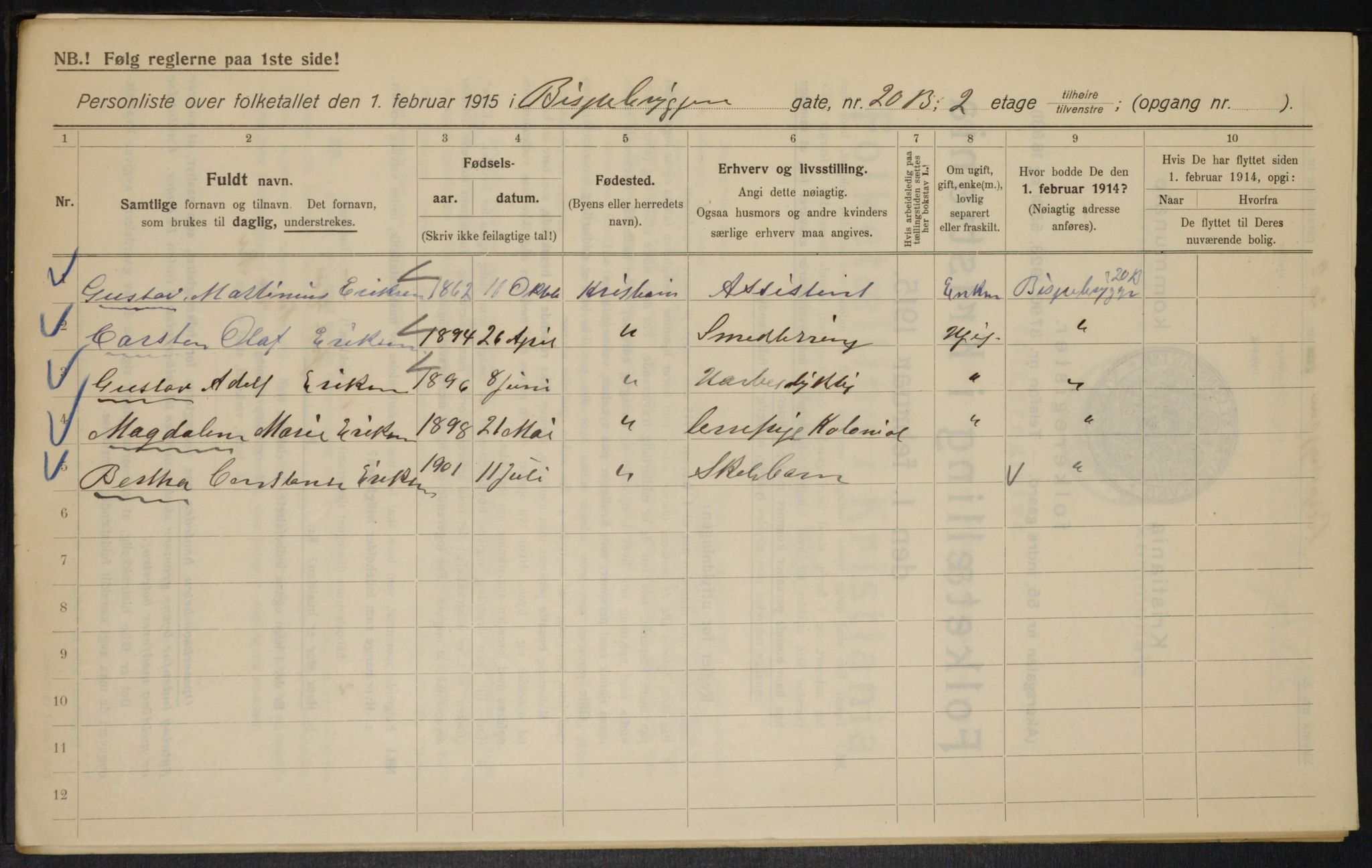 OBA, Municipal Census 1915 for Kristiania, 1915, p. 5375