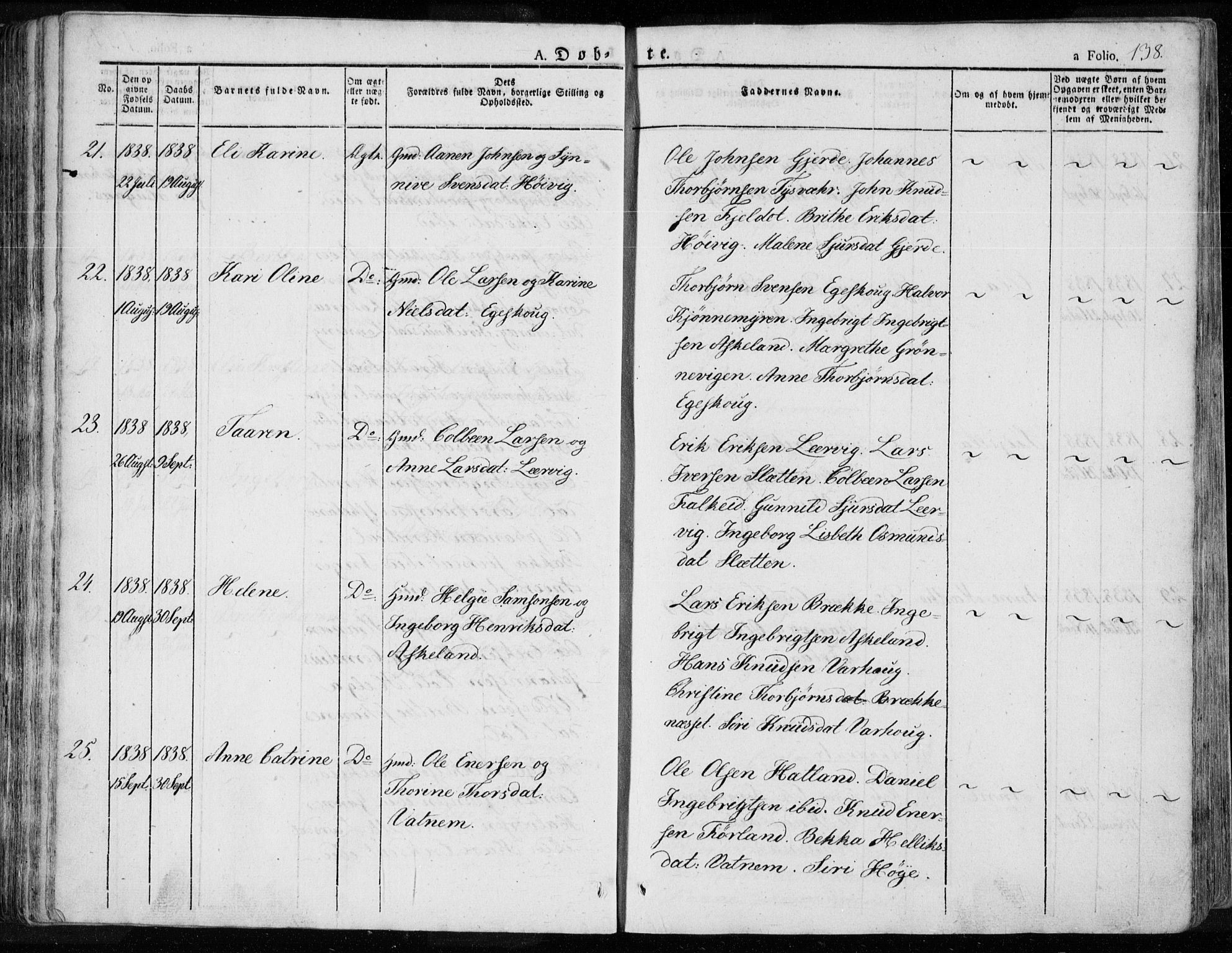 Tysvær sokneprestkontor, AV/SAST-A -101864/H/Ha/Haa/L0001: Parish register (official) no. A 1.1, 1831-1856, p. 138