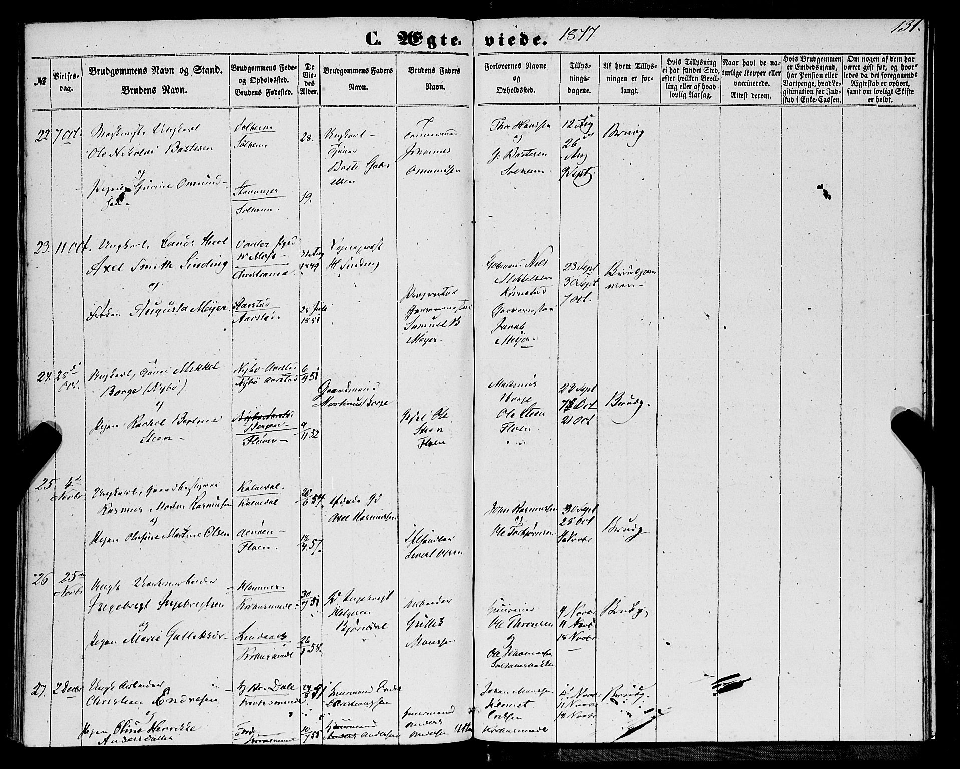 St. Jørgens hospital og Årstad sokneprestembete, SAB/A-99934: Parish register (official) no. A 9, 1853-1878, p. 131