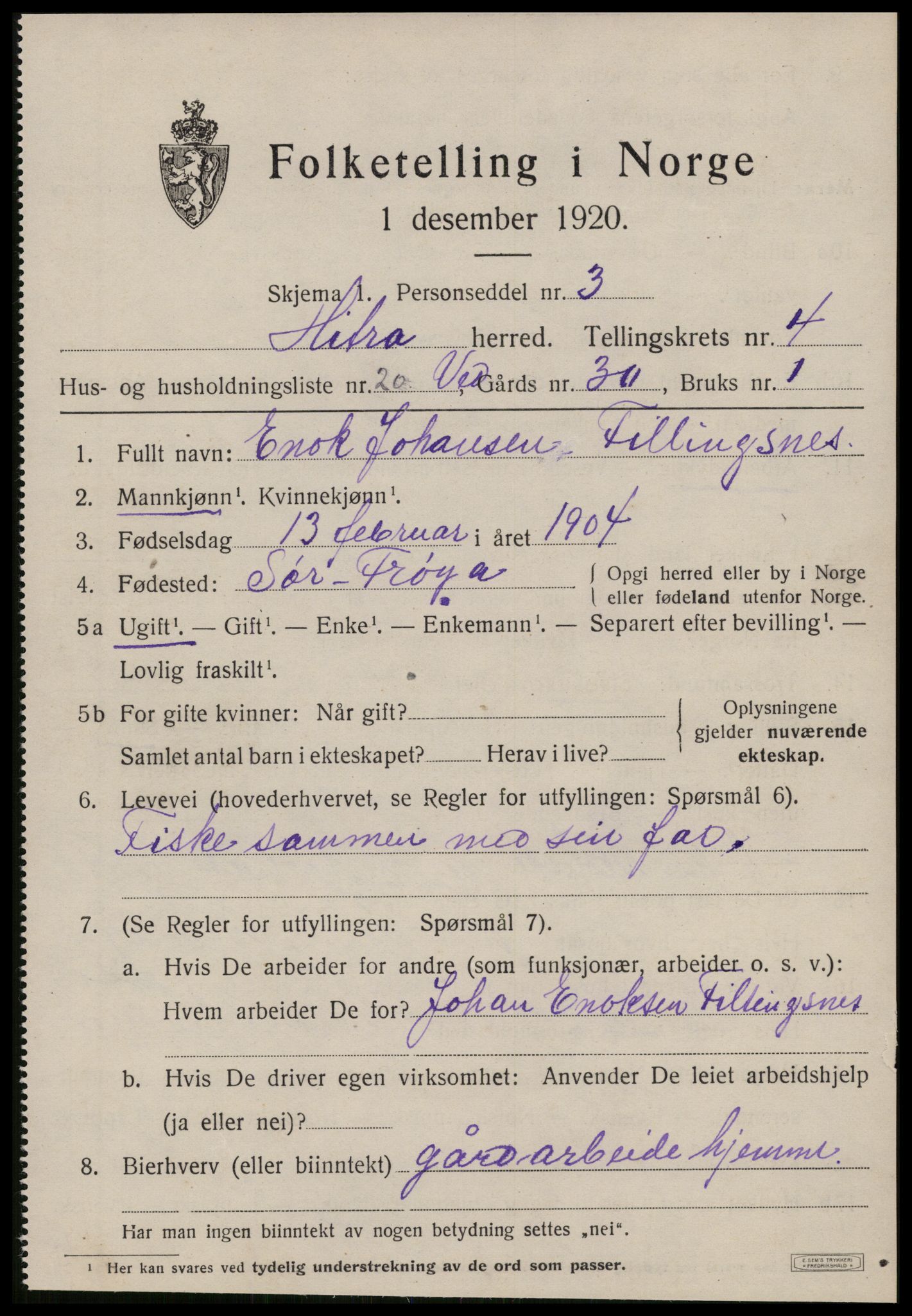 SAT, 1920 census for Hitra, 1920, p. 1703