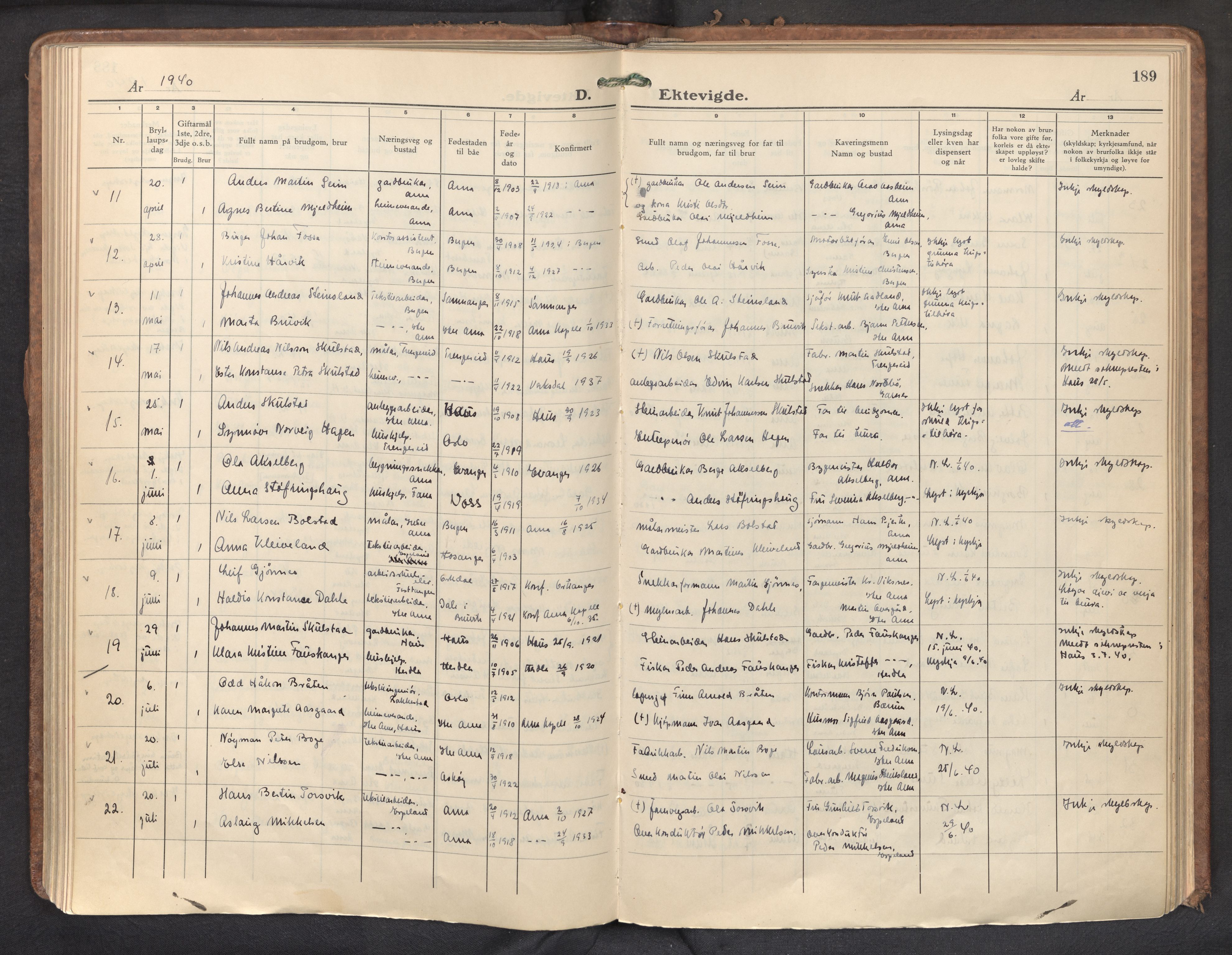 Haus sokneprestembete, AV/SAB-A-75601/H/Haa: Parish register (official) no. D 5, 1939-1950, p. 189