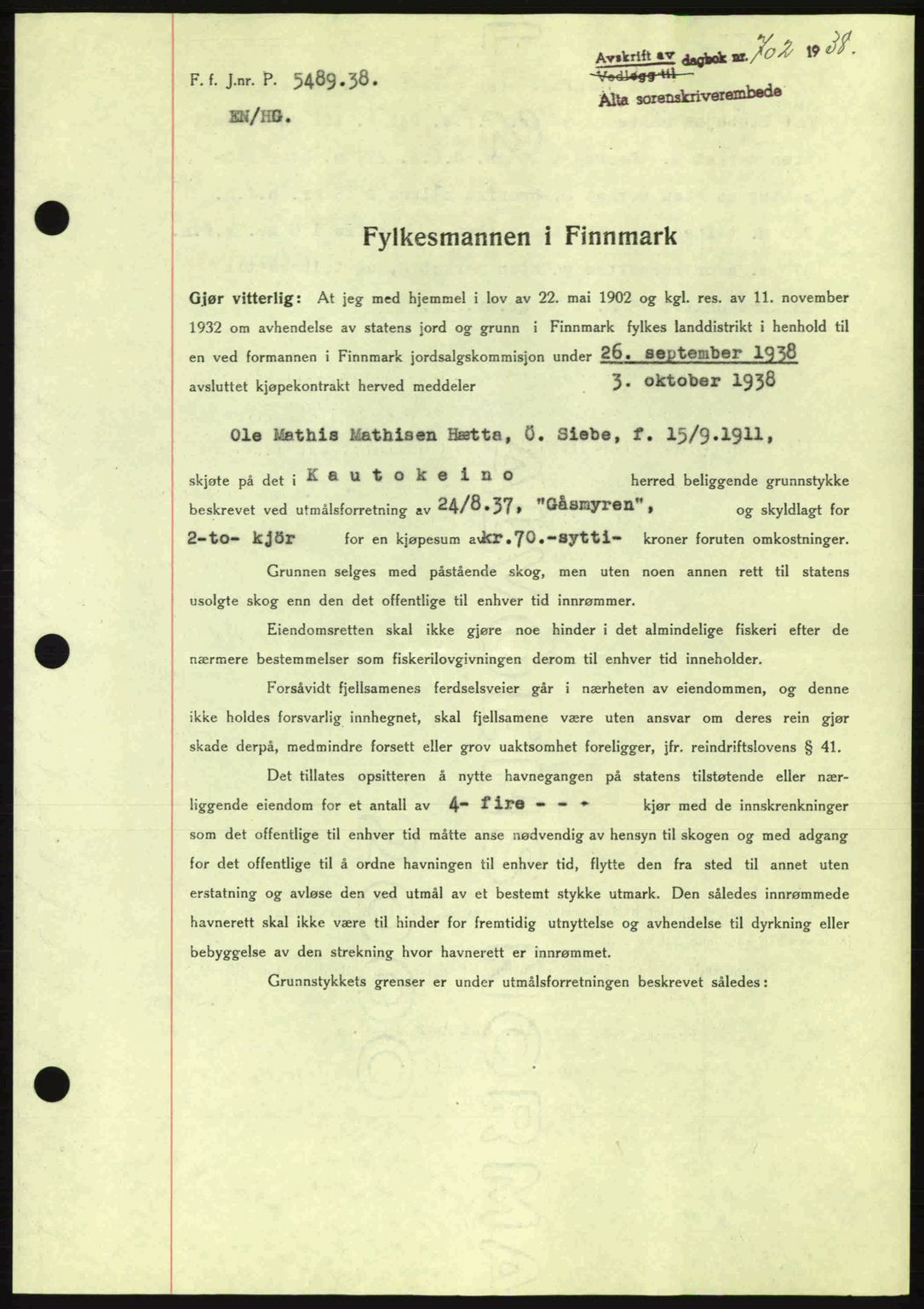 Alta fogderi/sorenskriveri, SATØ/SATØ-5/1/K/Kd/L0031pantebok: Mortgage book no. 31, 1938-1939, Diary no: : 702/1938
