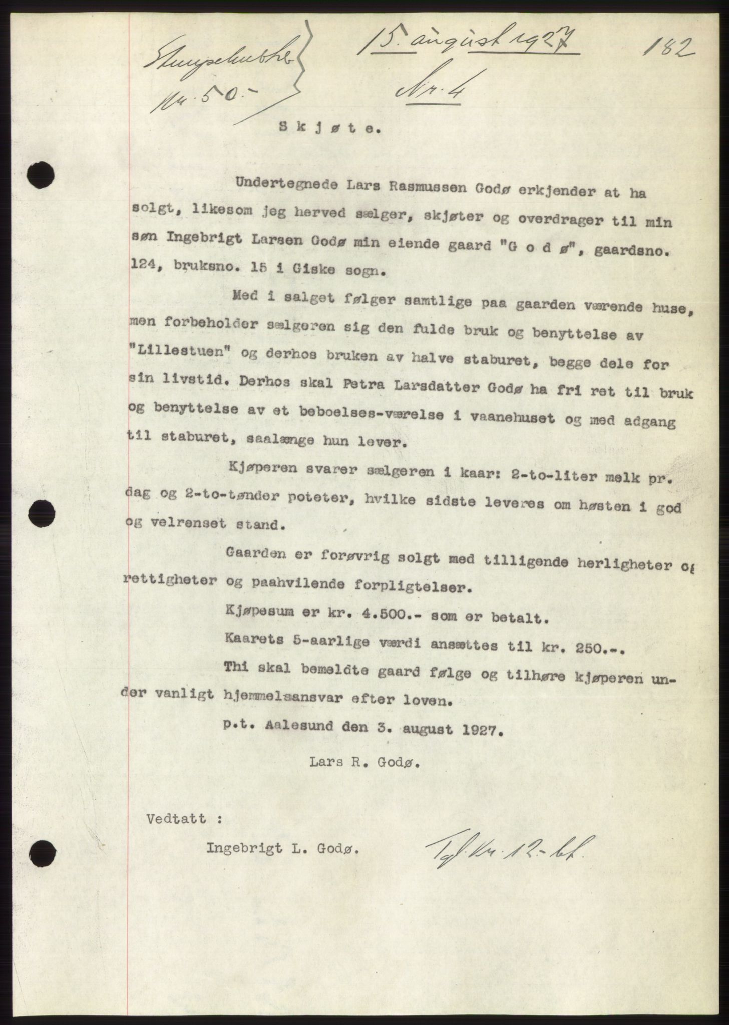 Nordre Sunnmøre sorenskriveri, AV/SAT-A-0006/1/2/2C/2Ca/L0037: Mortgage book no. 40, 1927-1927, Deed date: 15.08.1927