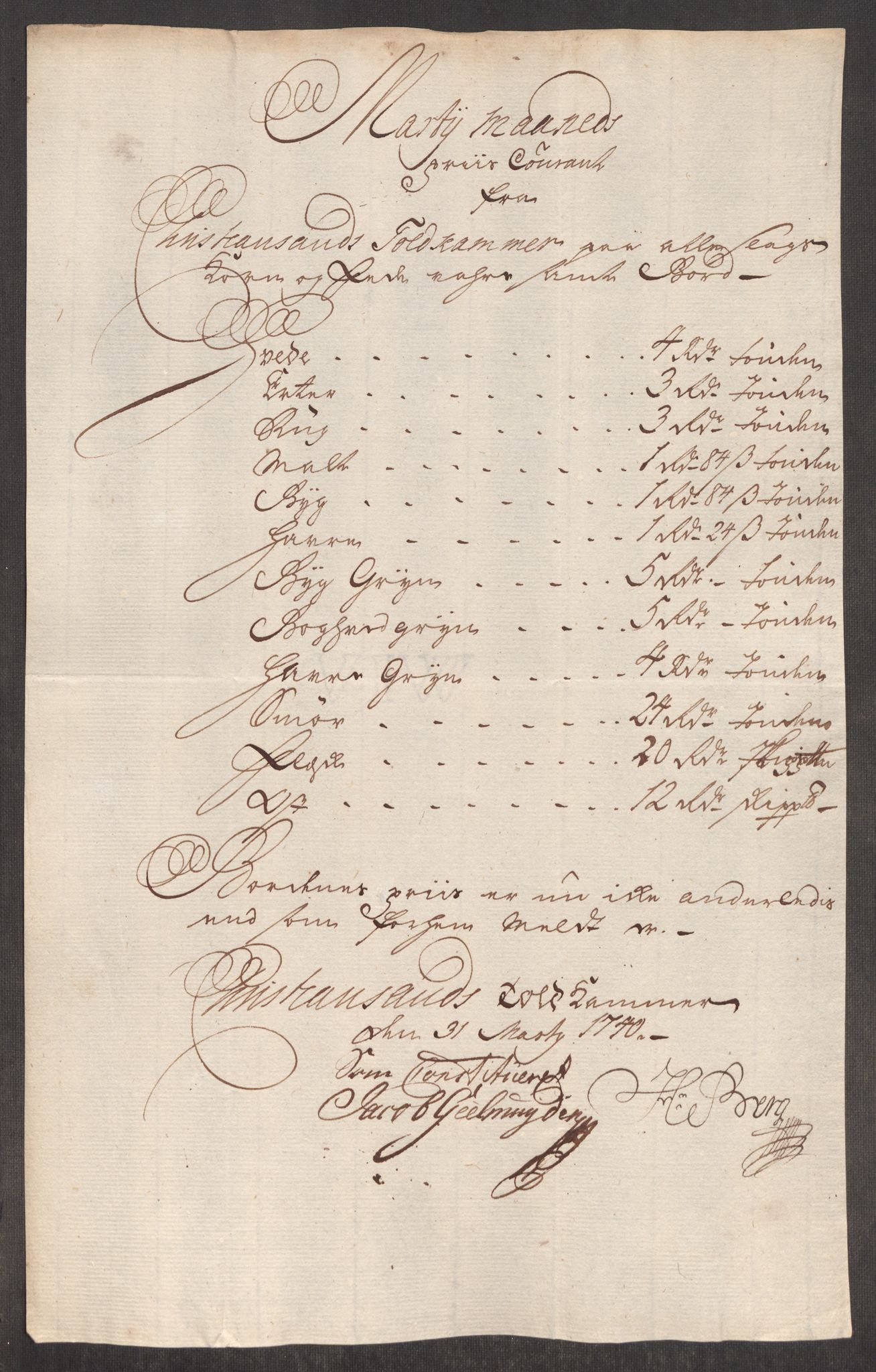 Rentekammeret inntil 1814, Realistisk ordnet avdeling, RA/EA-4070/Oe/L0002: [Ø1]: Priskuranter, 1740-1744, p. 156