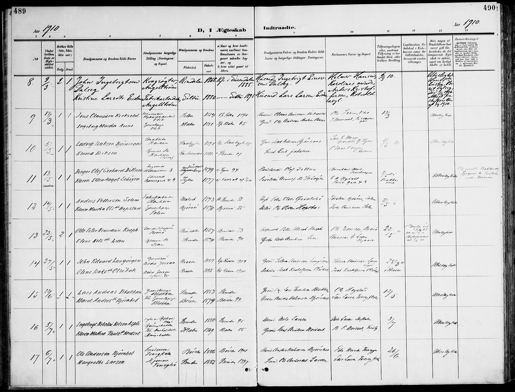 Ministerialprotokoller, klokkerbøker og fødselsregistre - Sør-Trøndelag, SAT/A-1456/607/L0320: Parish register (official) no. 607A04, 1907-1915, p. 489-490