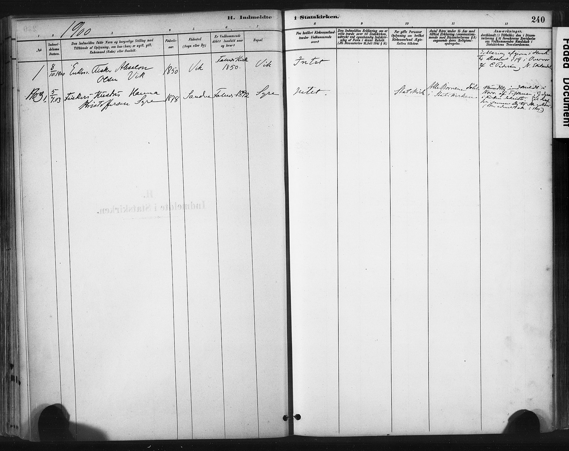 Skudenes sokneprestkontor, AV/SAST-A -101849/H/Ha/Haa/L0009: Parish register (official) no. A 6, 1882-1912, p. 240