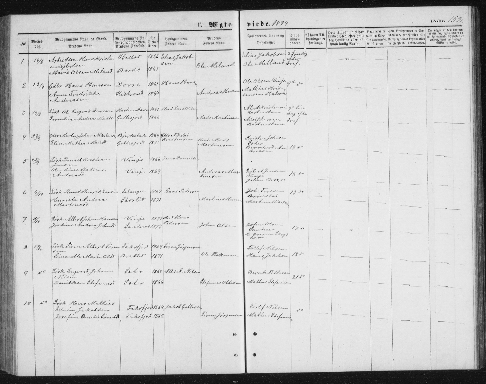 Tranøy sokneprestkontor, SATØ/S-1313/I/Ia/Iab/L0013klokker: Parish register (copy) no. 13, 1874-1896, p. 152