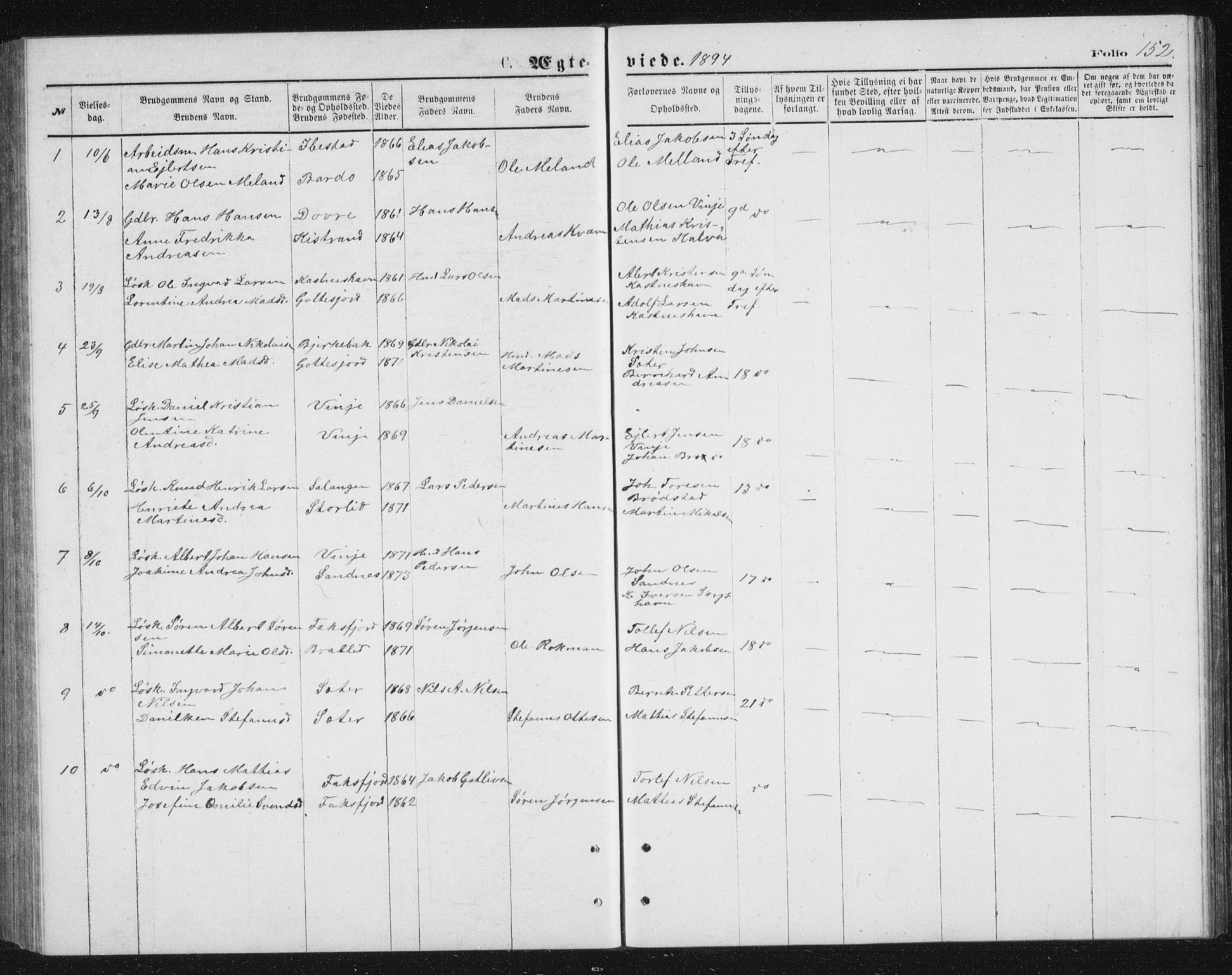 Tranøy sokneprestkontor, AV/SATØ-S-1313/I/Ia/Iab/L0013klokker: Parish register (copy) no. 13, 1874-1896, p. 152