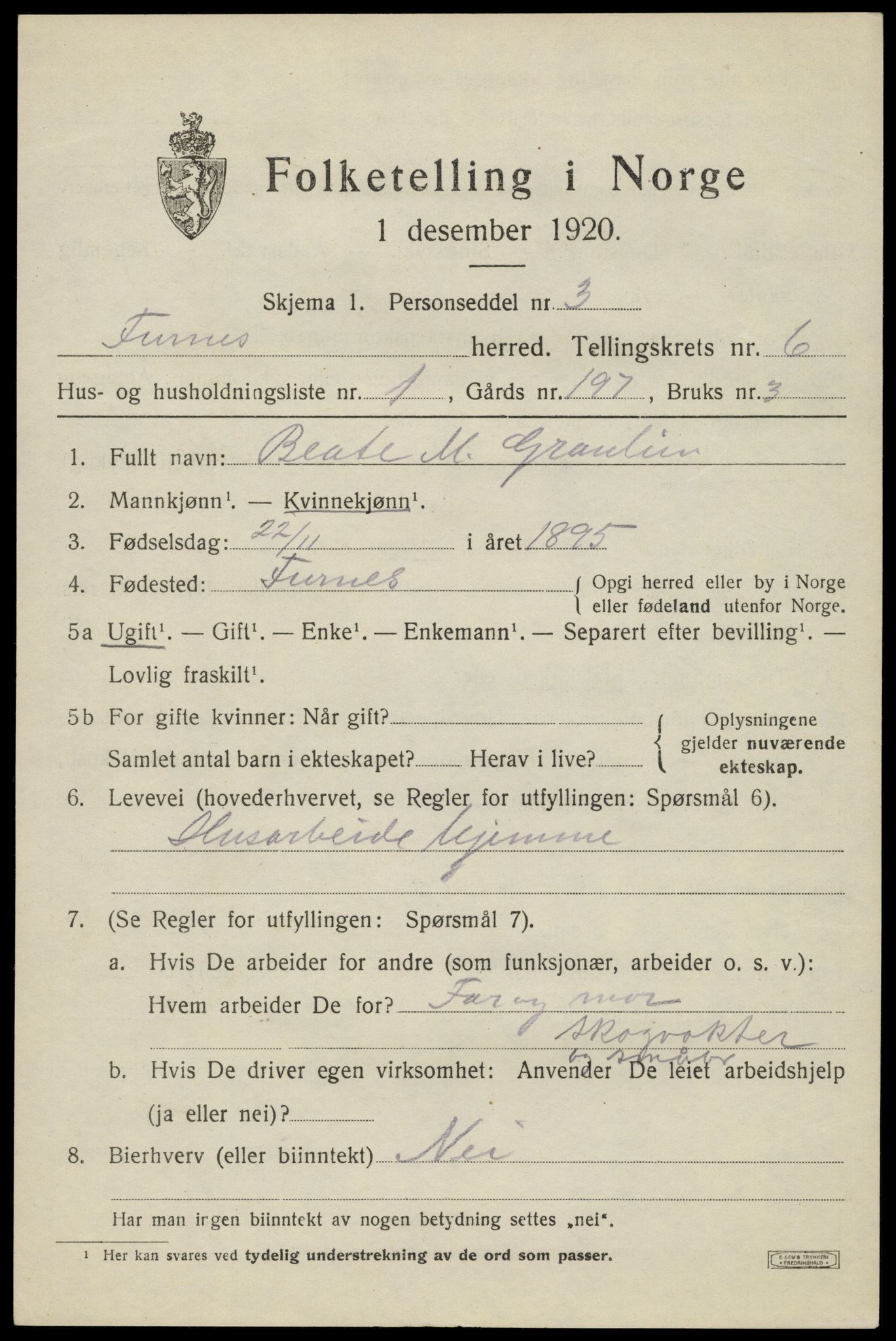 SAH, 1920 census for Furnes, 1920, p. 9619