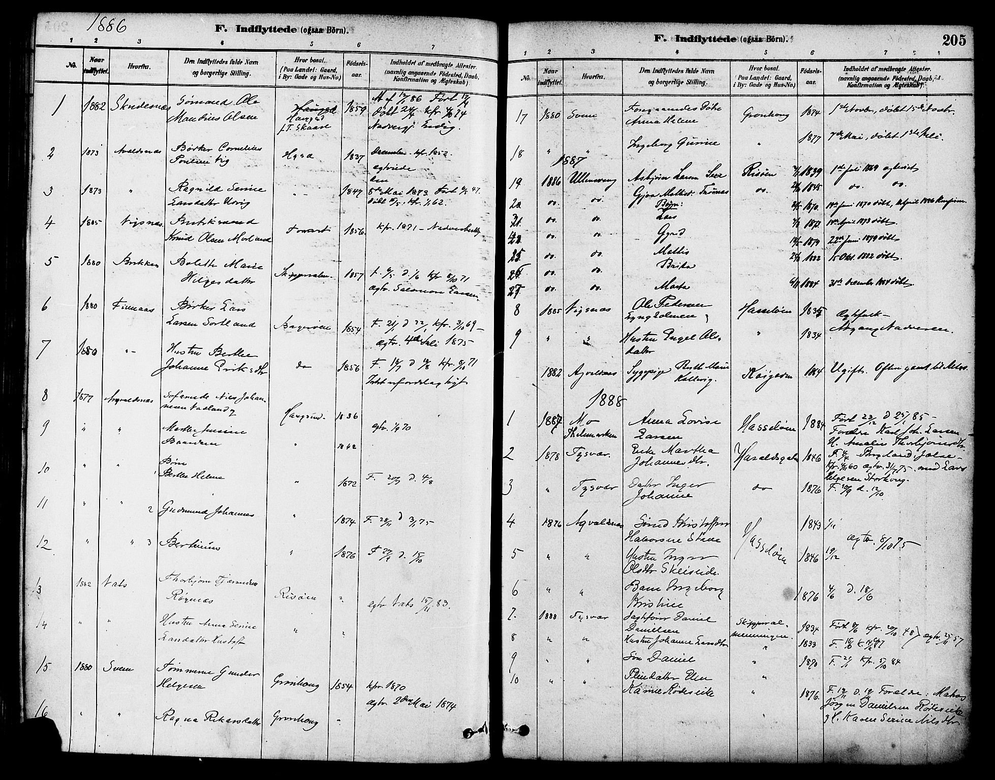 Haugesund sokneprestkontor, SAST/A -101863/H/Ha/Haa/L0003: Parish register (official) no. A 3, 1885-1890, p. 205