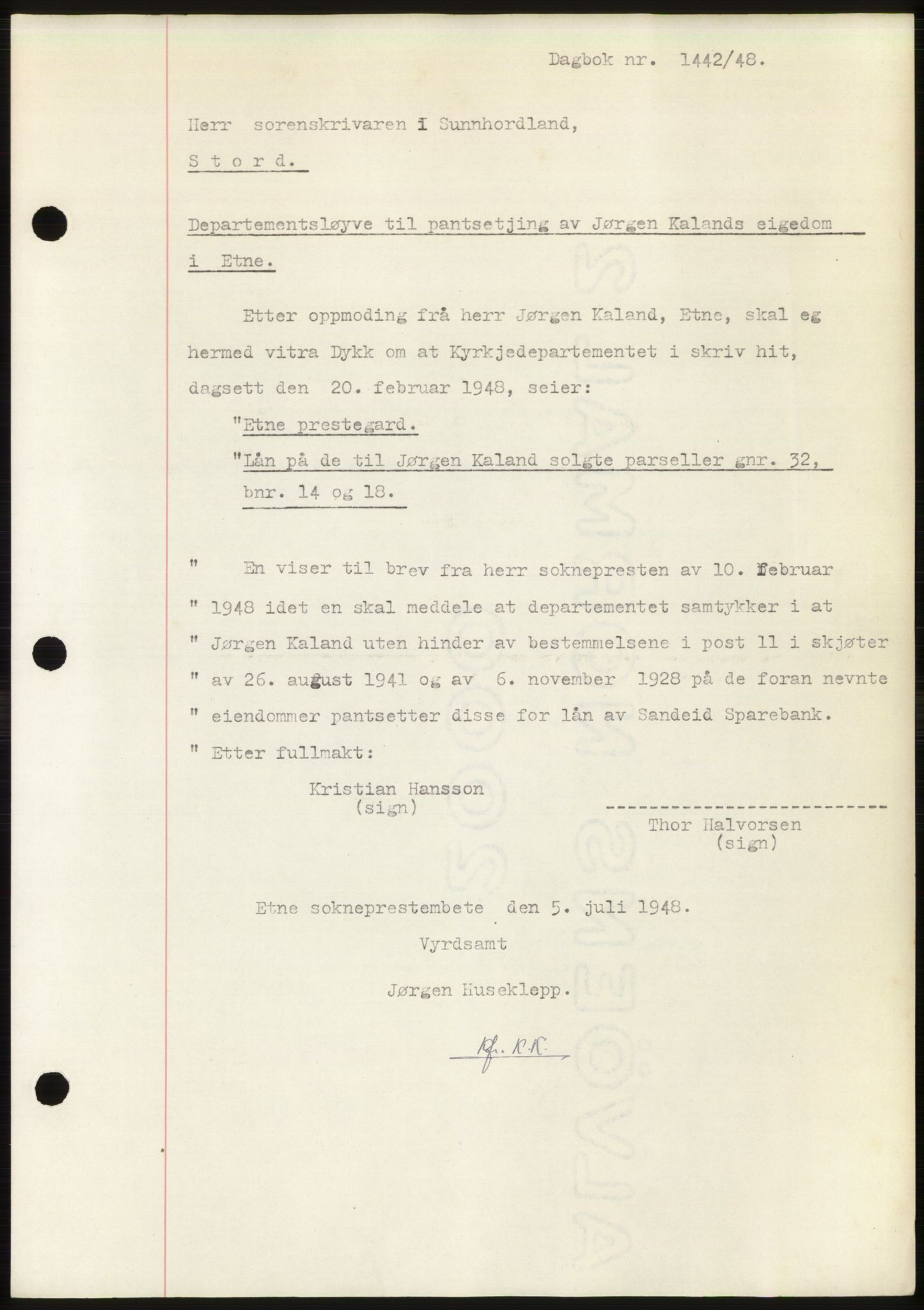 Sunnhordland sorenskrivar, AV/SAB-A-2401: Mortgage book no. B75-79, 1948-1950, Diary no: : 1442/1948
