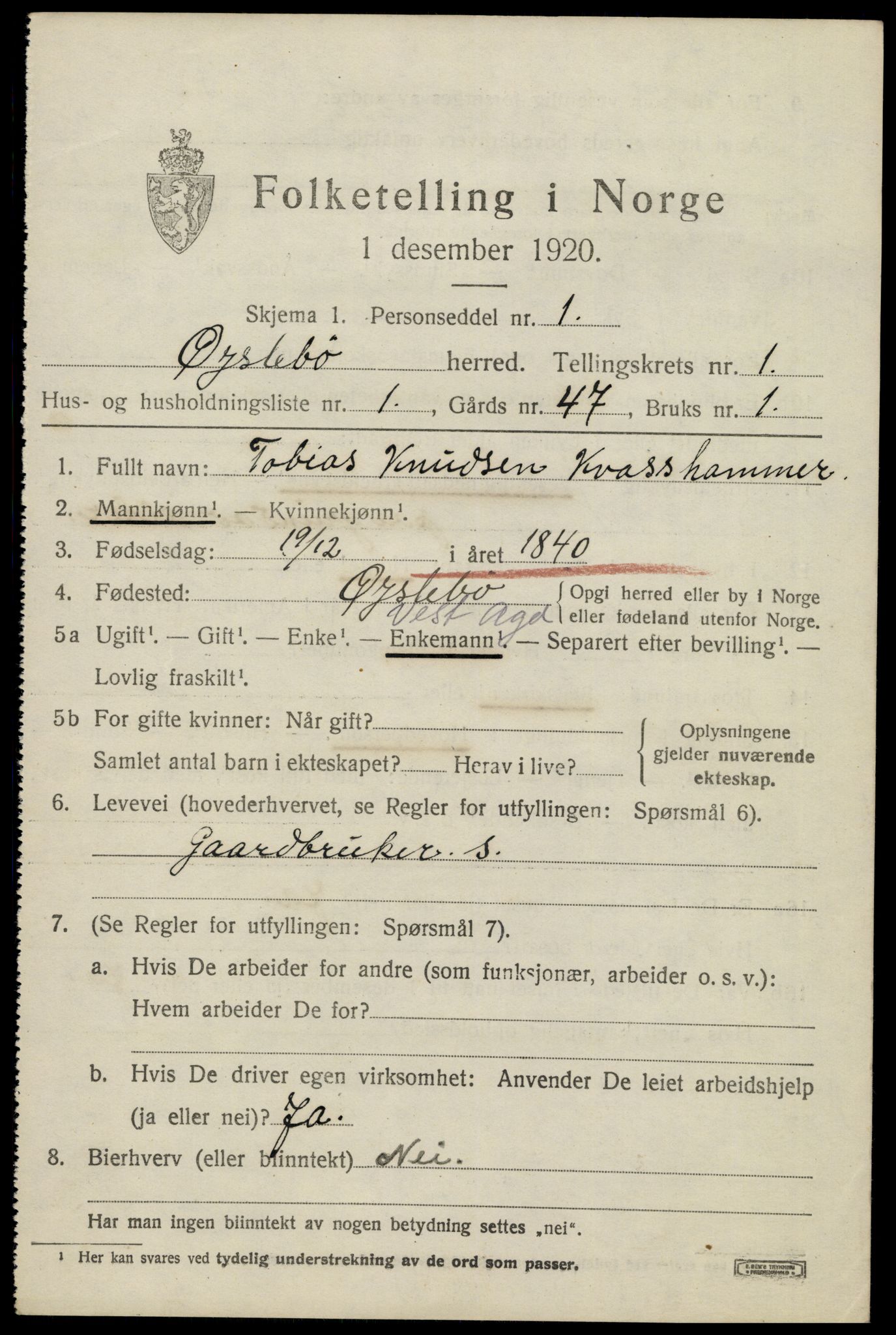 SAK, 1920 census for Øyslebø, 1920, p. 456