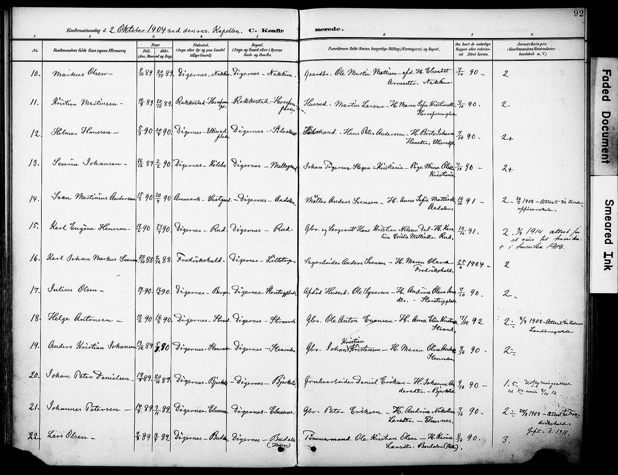 Rakkestad prestekontor Kirkebøker, AV/SAO-A-2008/F/Fb/L0002: Parish register (official) no. II 2, 1900-1920, p. 92