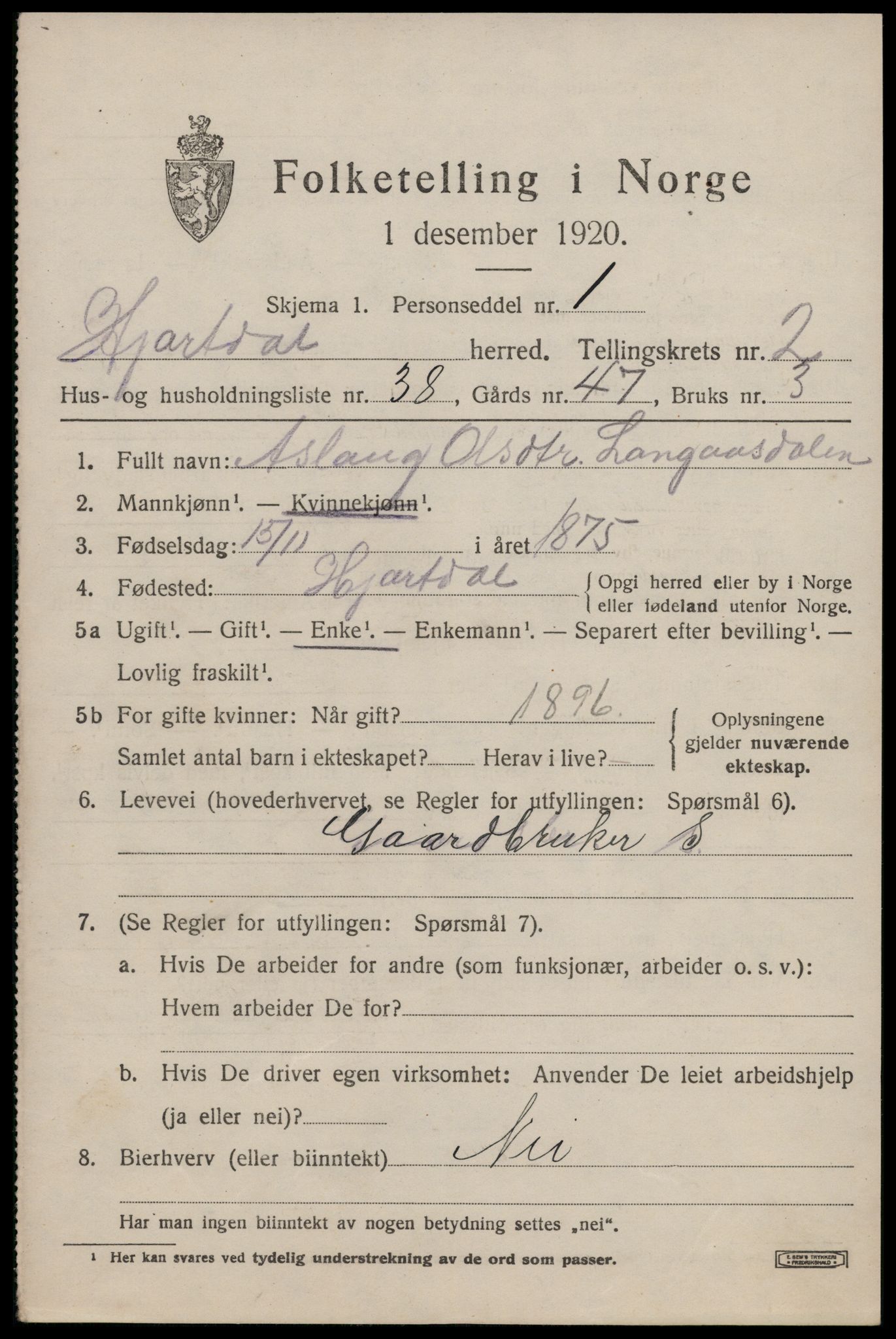 SAKO, 1920 census for Hjartdal, 1920, p. 2218