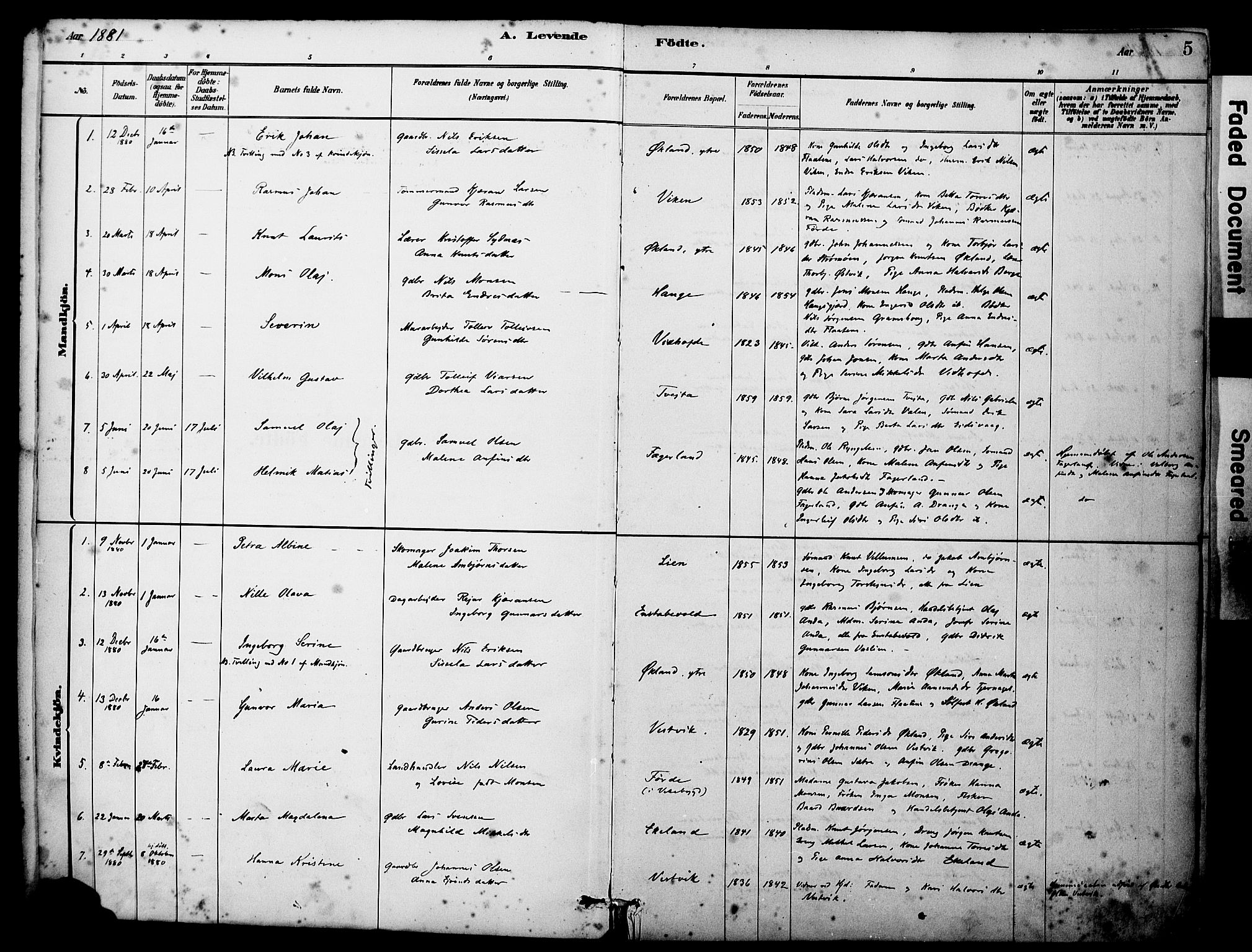 Sveio Sokneprestembete, SAB/A-78501/H/Haa: Parish register (official) no. C 2, 1881-1899, p. 5
