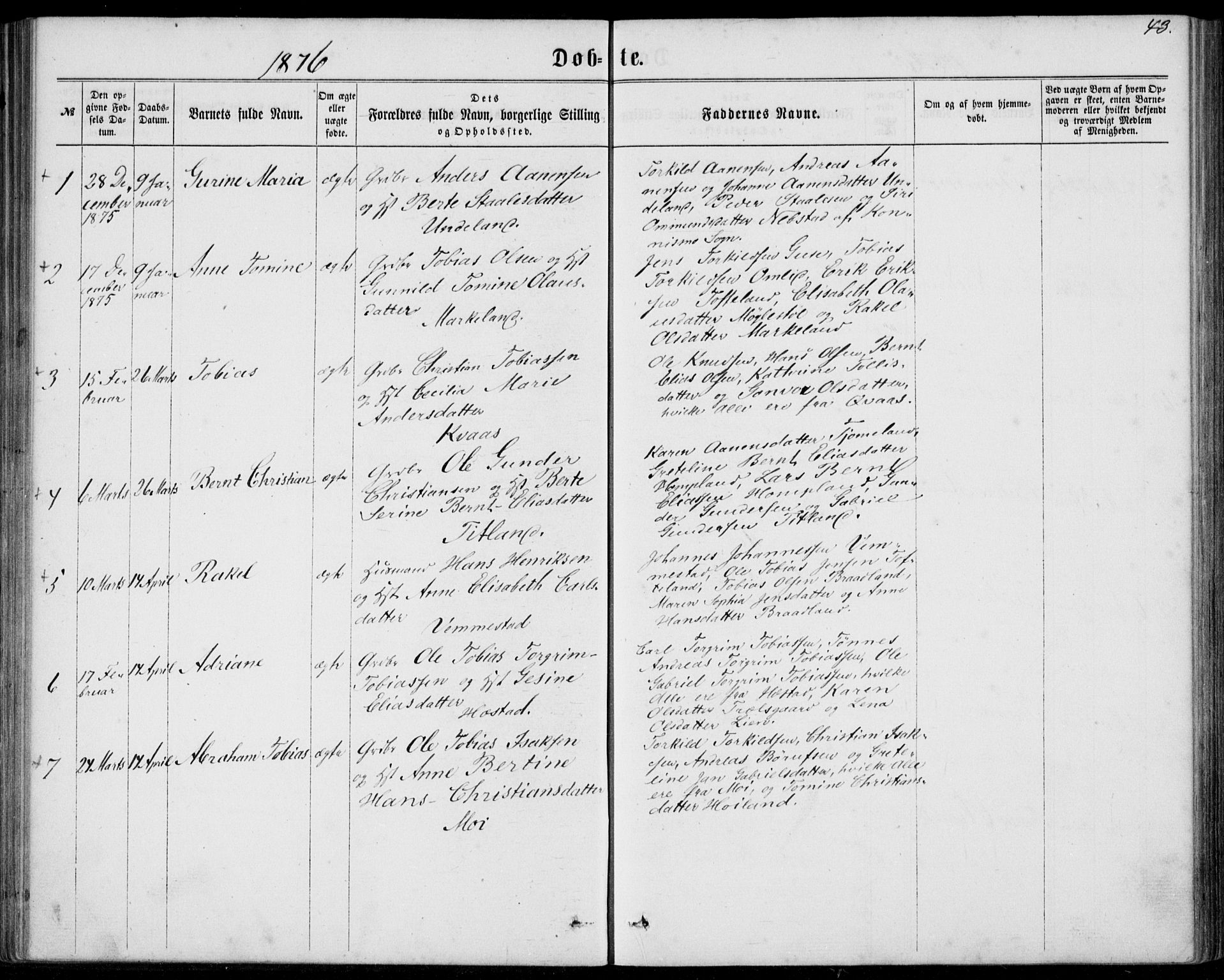 Lyngdal sokneprestkontor, AV/SAK-1111-0029/F/Fa/Fab/L0002: Parish register (official) no. A 2, 1861-1878, p. 43