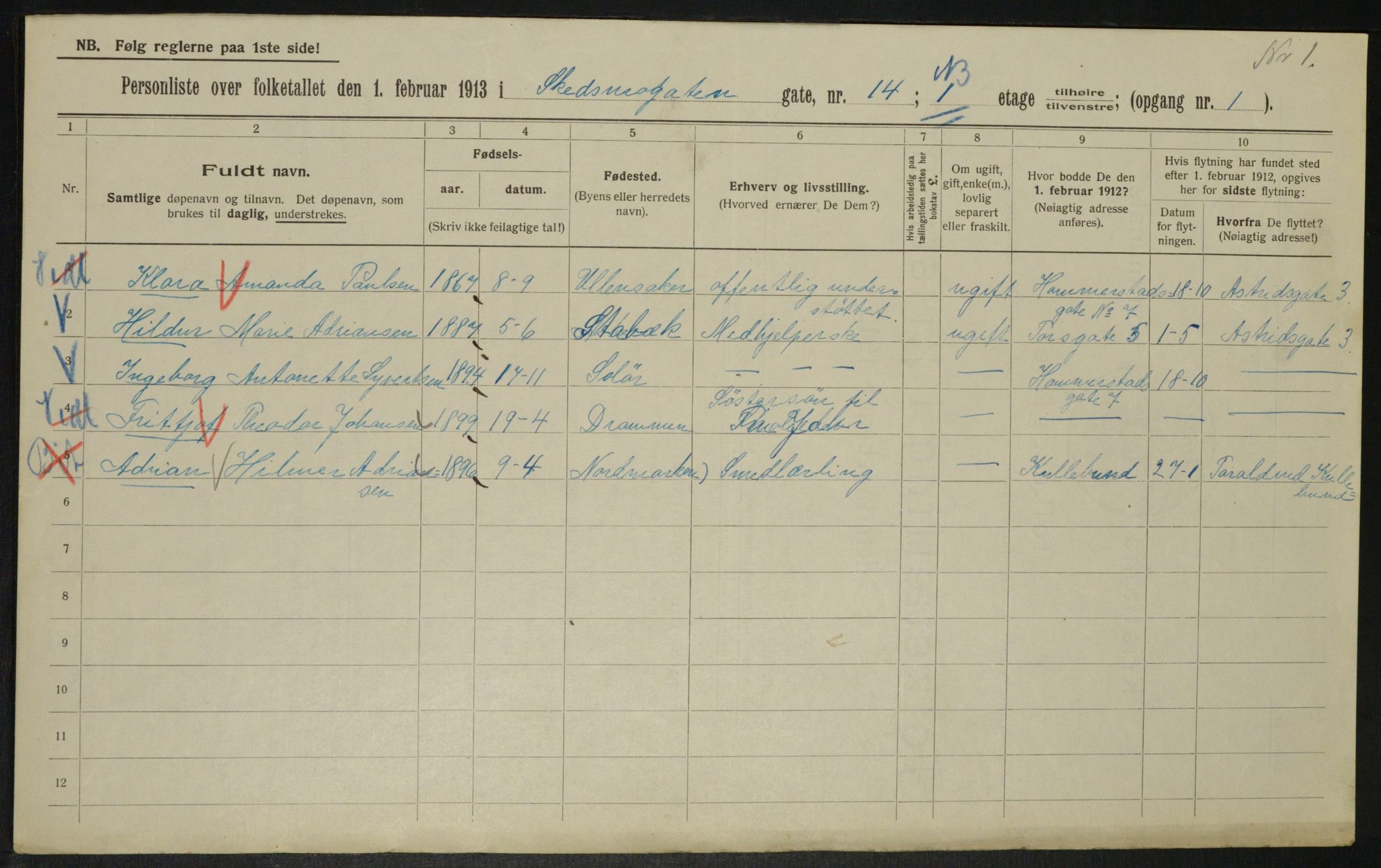 OBA, Municipal Census 1913 for Kristiania, 1913, p. 95455