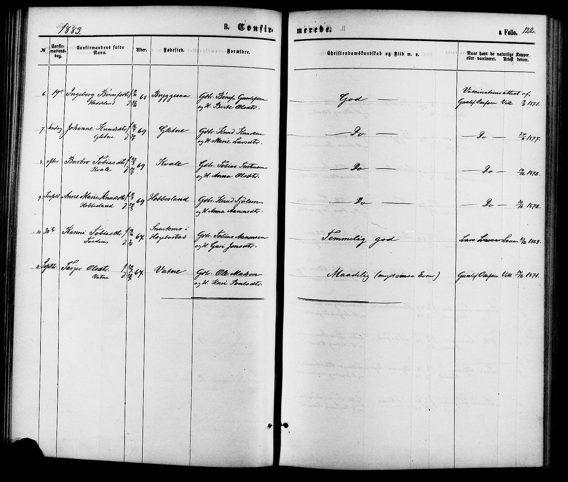 Hægebostad sokneprestkontor, SAK/1111-0024/F/Fa/Fab/L0003: Parish register (official) no. A 3, 1872-1886, p. 122