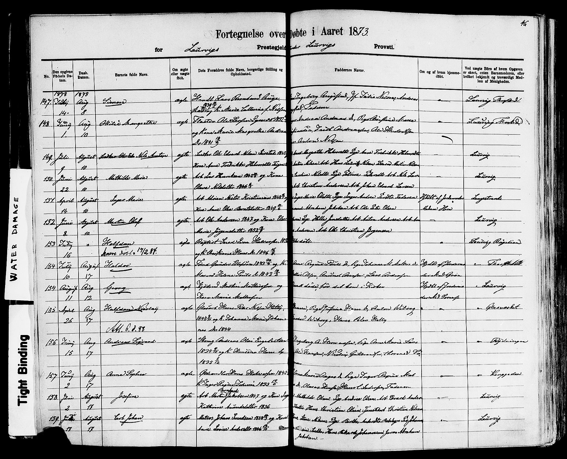 Larvik kirkebøker, AV/SAKO-A-352/F/Fa/L0006: Parish register (official) no. I 6, 1871-1883, p. 46