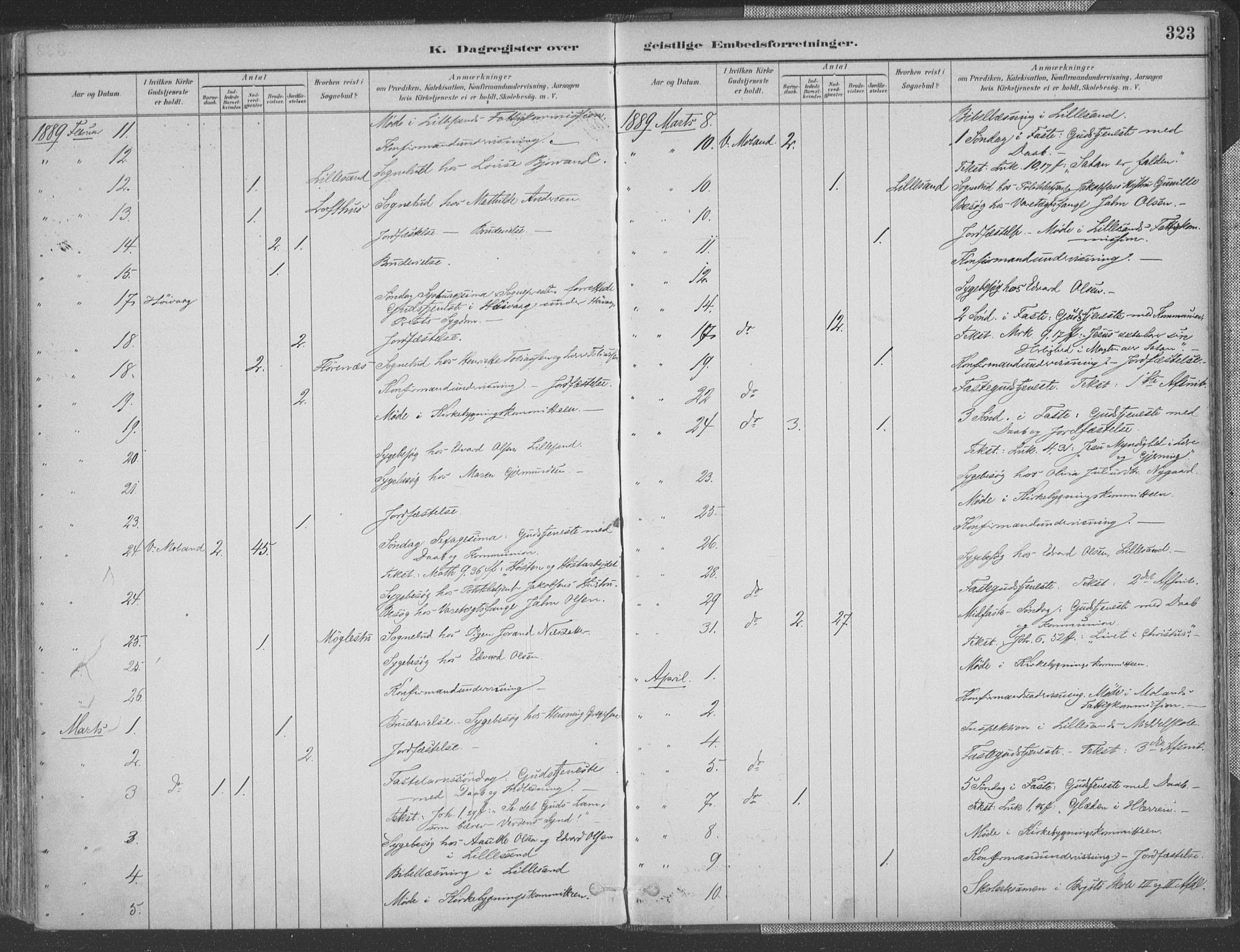 Vestre Moland sokneprestkontor, AV/SAK-1111-0046/F/Fa/Fab/L0009: Parish register (official) no. A 9, 1884-1899, p. 323