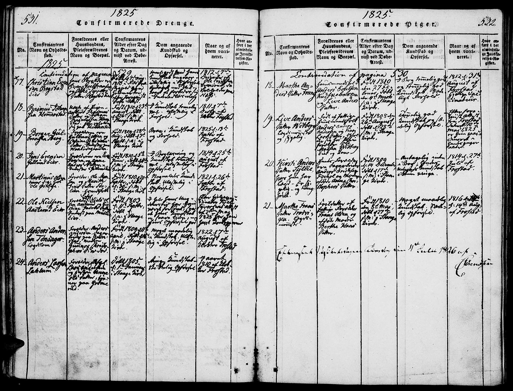 Stange prestekontor, AV/SAH-PREST-002/K/L0008: Parish register (official) no. 8, 1814-1825, p. 531-532