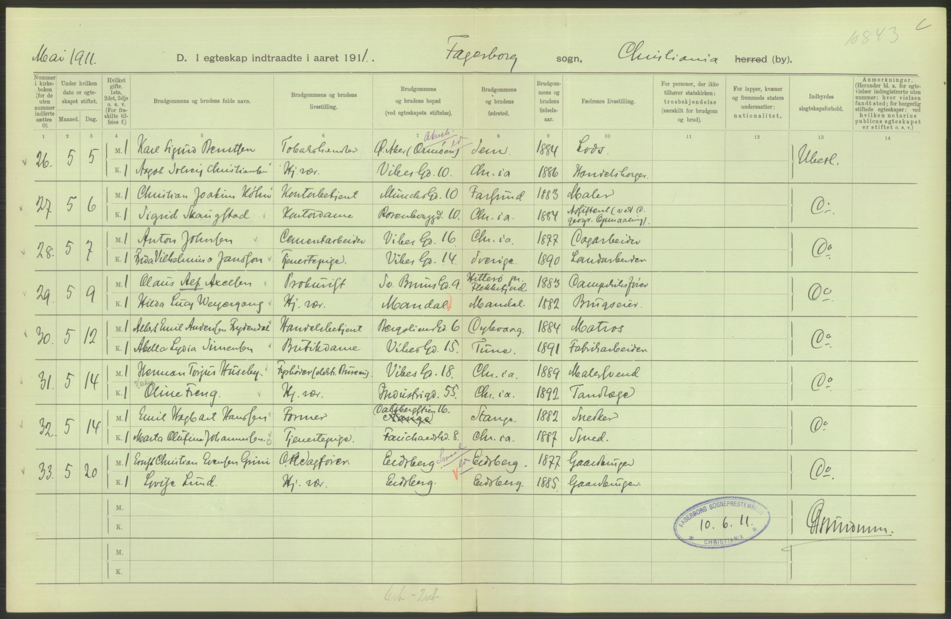 Statistisk sentralbyrå, Sosiodemografiske emner, Befolkning, AV/RA-S-2228/D/Df/Dfb/Dfba/L0008: Kristiania: Gifte, 1911, p. 342