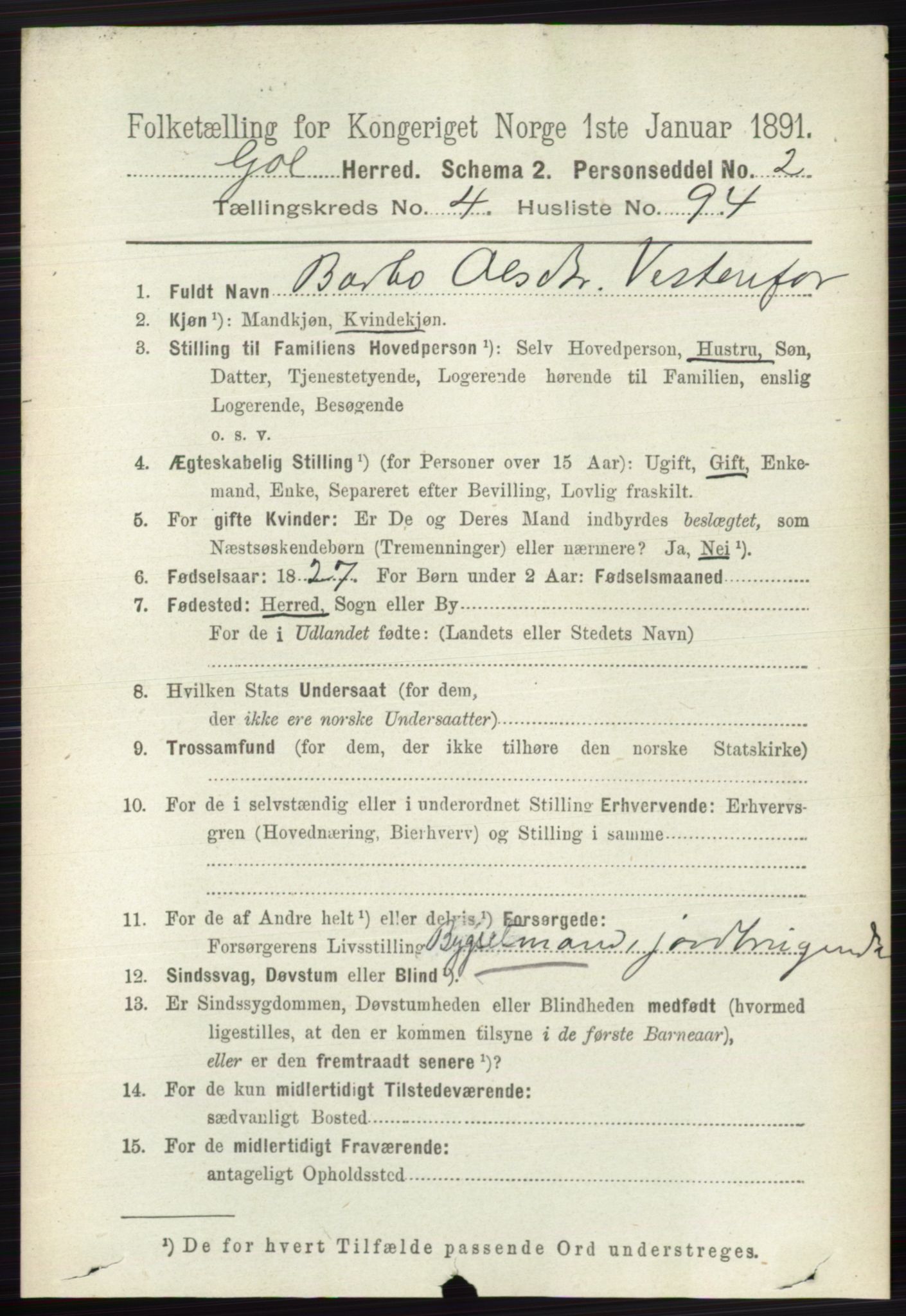 RA, 1891 census for 0617 Gol og Hemsedal, 1891, p. 2283