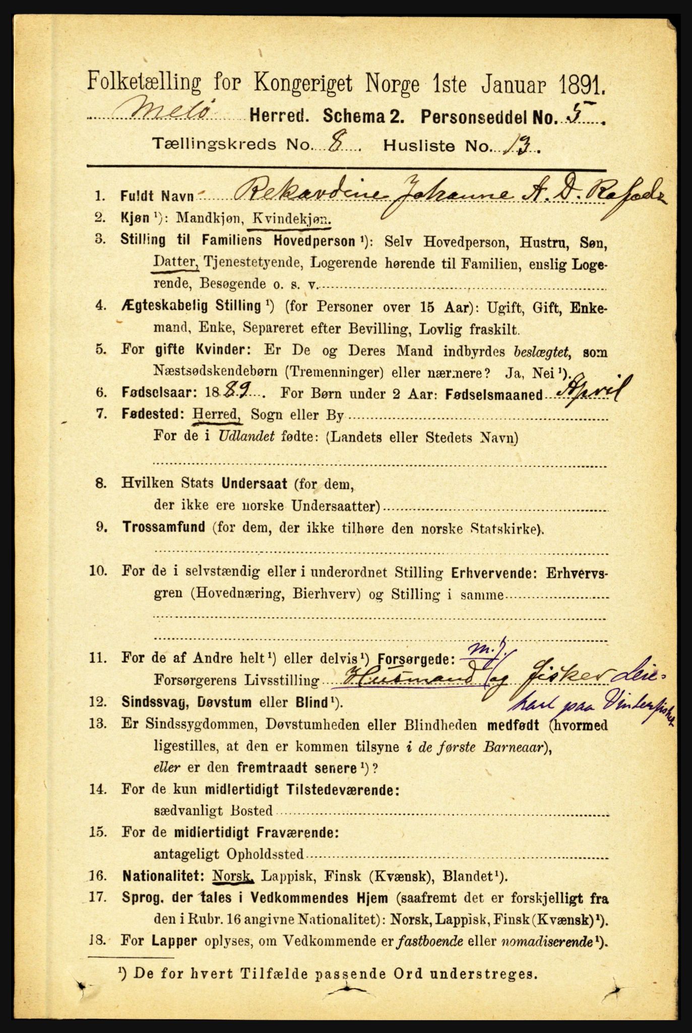 RA, 1891 census for 1837 Meløy, 1891, p. 3421