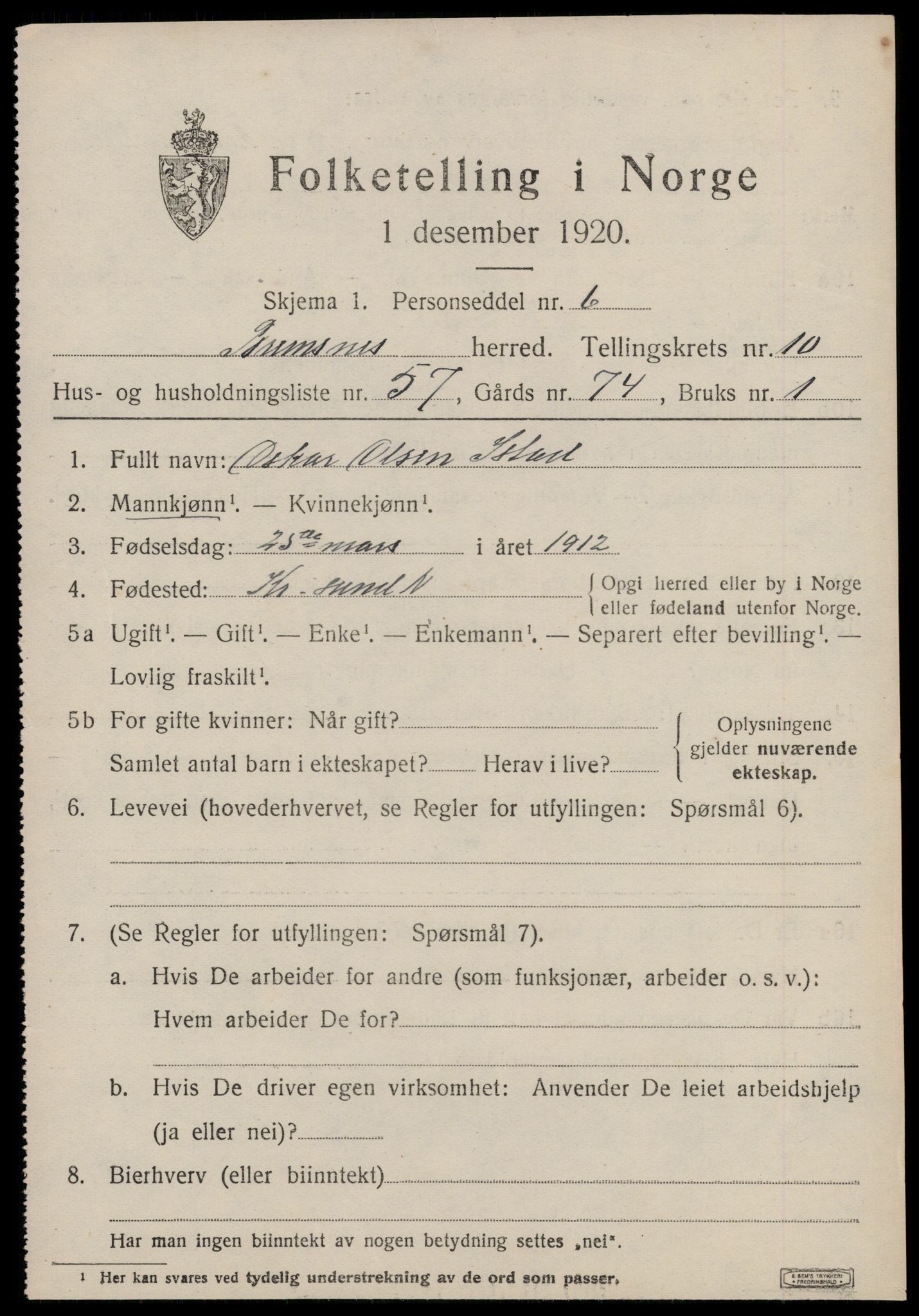 SAT, 1920 census for Bremsnes, 1920, p. 9297