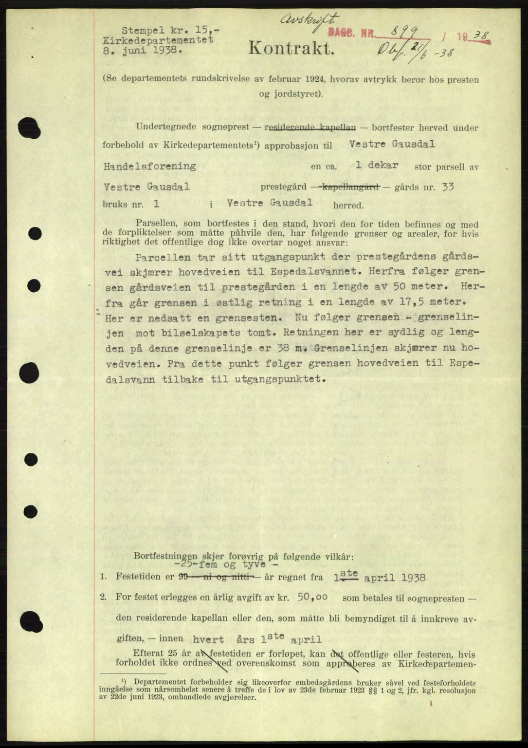 Sør-Gudbrandsdal tingrett, SAH/TING-004/H/Hb/Hbe/L0001: Mortgage book no. B1, 1936-1939, Diary no: : 899/1938