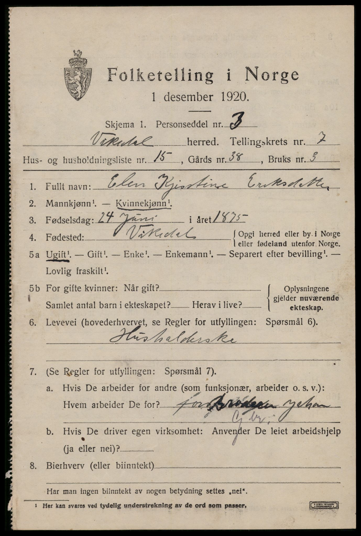 SAST, 1920 census for Vikedal, 1920, p. 2735