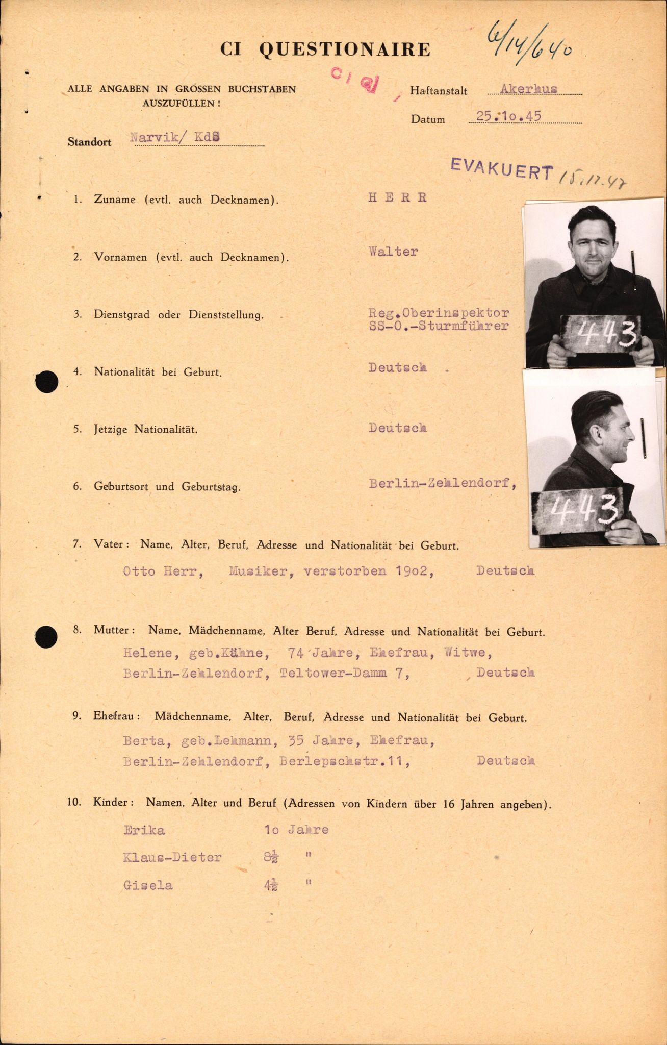 Forsvaret, Forsvarets overkommando II, AV/RA-RAFA-3915/D/Db/L0013: CI Questionaires. Tyske okkupasjonsstyrker i Norge. Tyskere., 1945-1946, p. 56