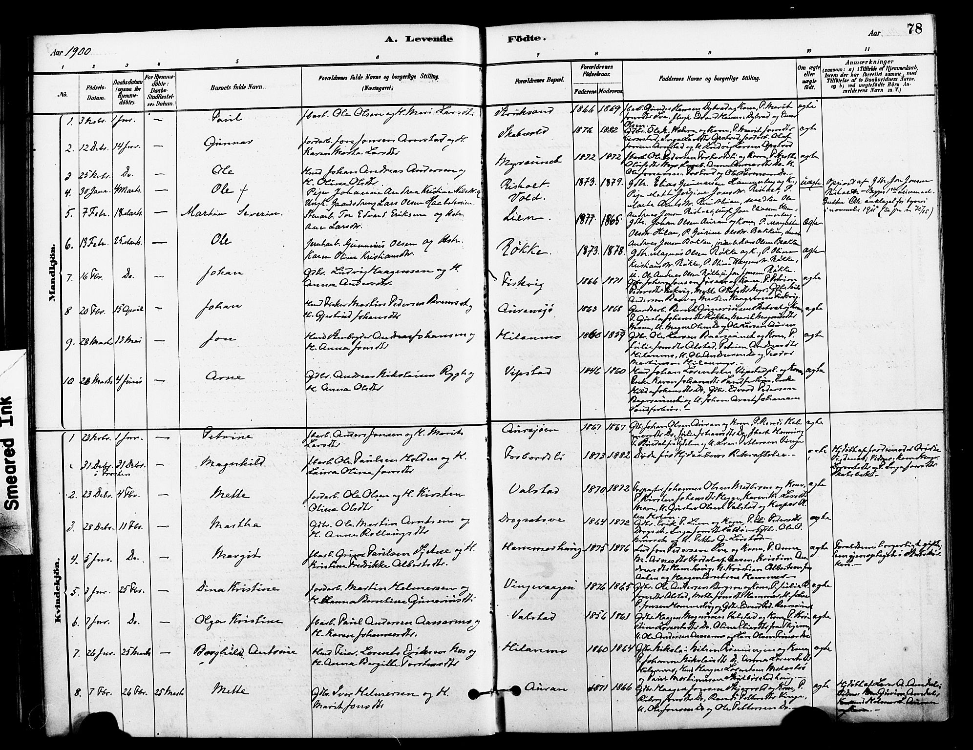 Ministerialprotokoller, klokkerbøker og fødselsregistre - Nord-Trøndelag, SAT/A-1458/712/L0100: Parish register (official) no. 712A01, 1880-1900, p. 78
