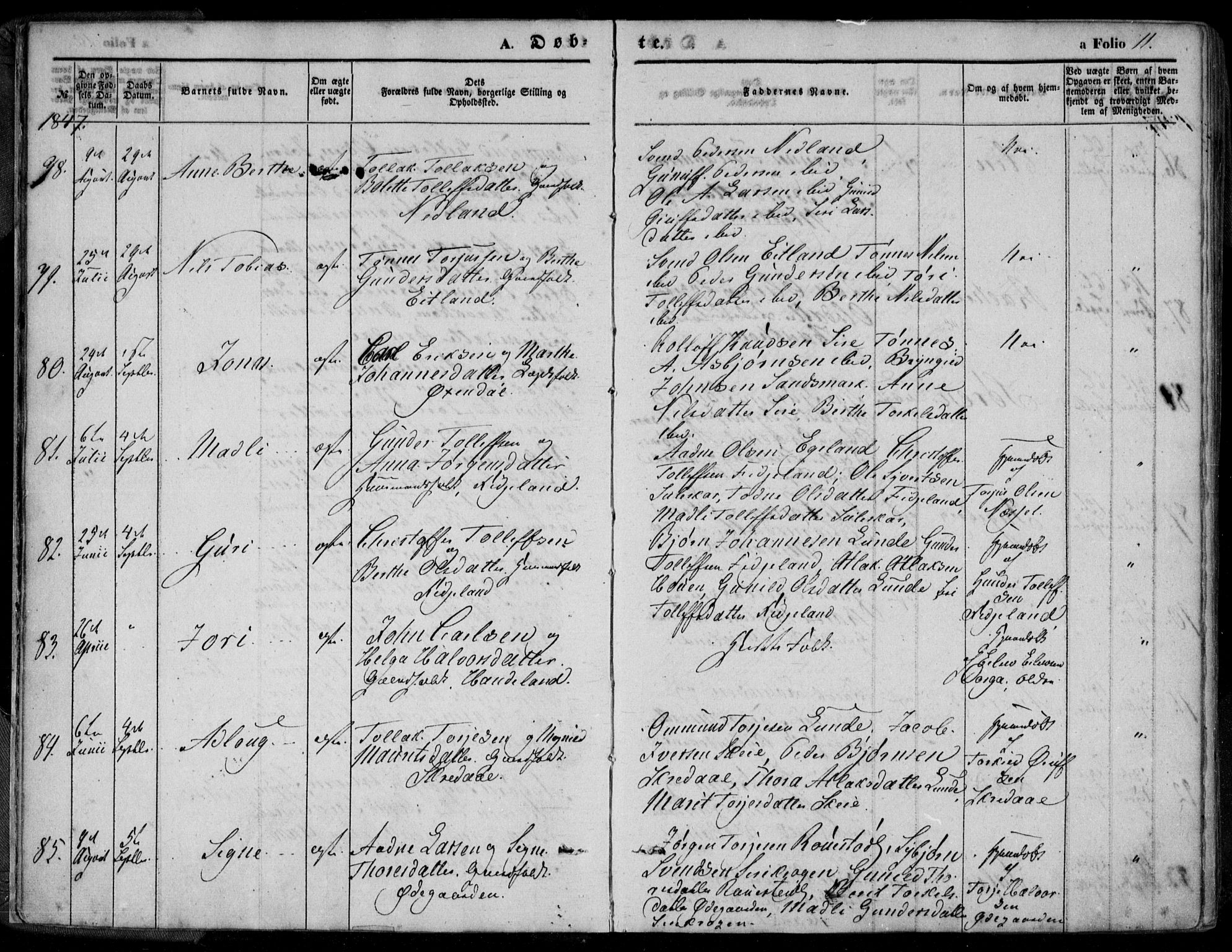 Bakke sokneprestkontor, AV/SAK-1111-0002/F/Fa/Faa/L0005: Parish register (official) no. A 5, 1847-1855, p. 11