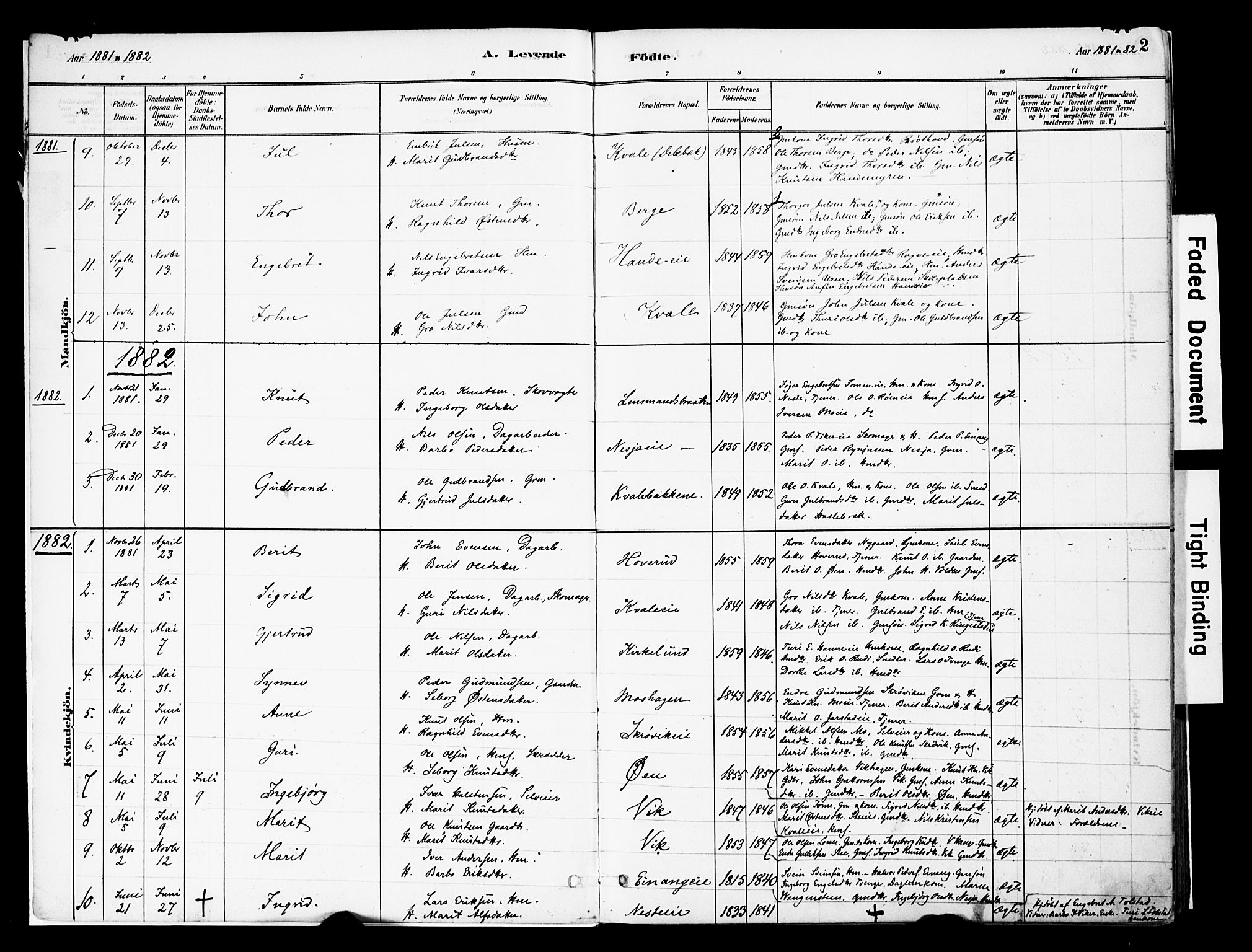 Vestre Slidre prestekontor, AV/SAH-PREST-136/H/Ha/Haa/L0004: Parish register (official) no. 4, 1881-1911, p. 1