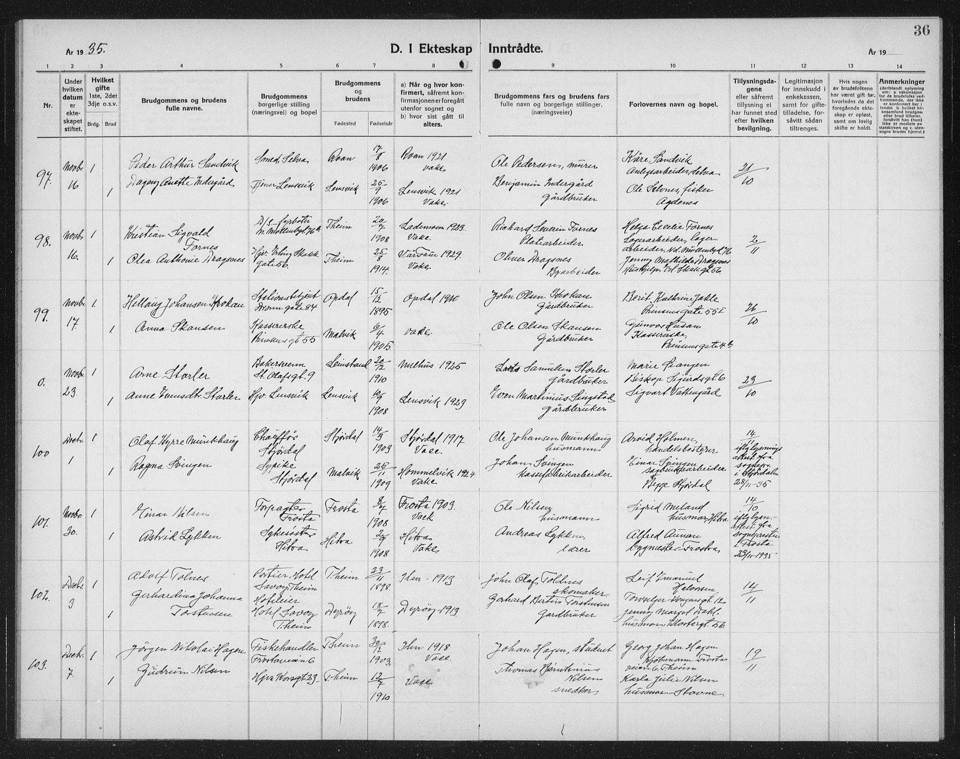 Ministerialprotokoller, klokkerbøker og fødselsregistre - Sør-Trøndelag, AV/SAT-A-1456/602/L0152: Parish register (copy) no. 602C20, 1933-1940, p. 36