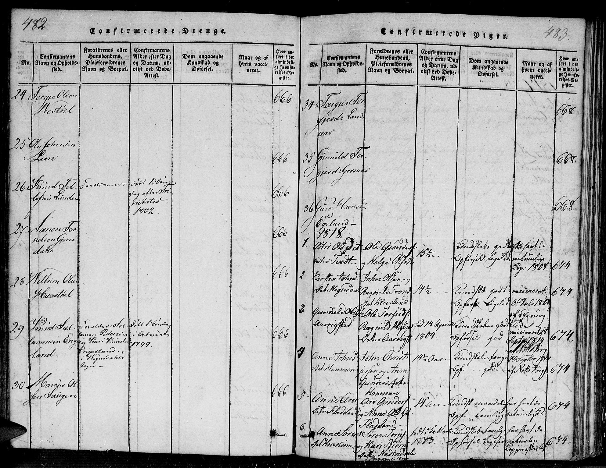 Evje sokneprestkontor, SAK/1111-0008/F/Fa/Faa/L0004: Parish register (official) no. A 4, 1816-1840, p. 482-483